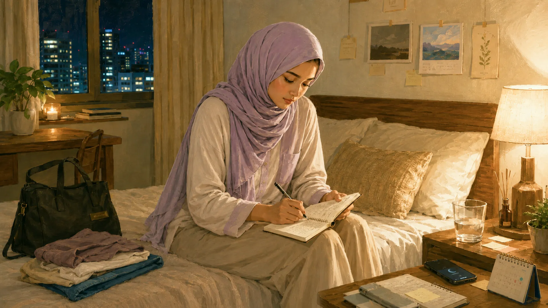 The Ember writing in a notebook on the bed at night, a lamp on and the city lit up outside