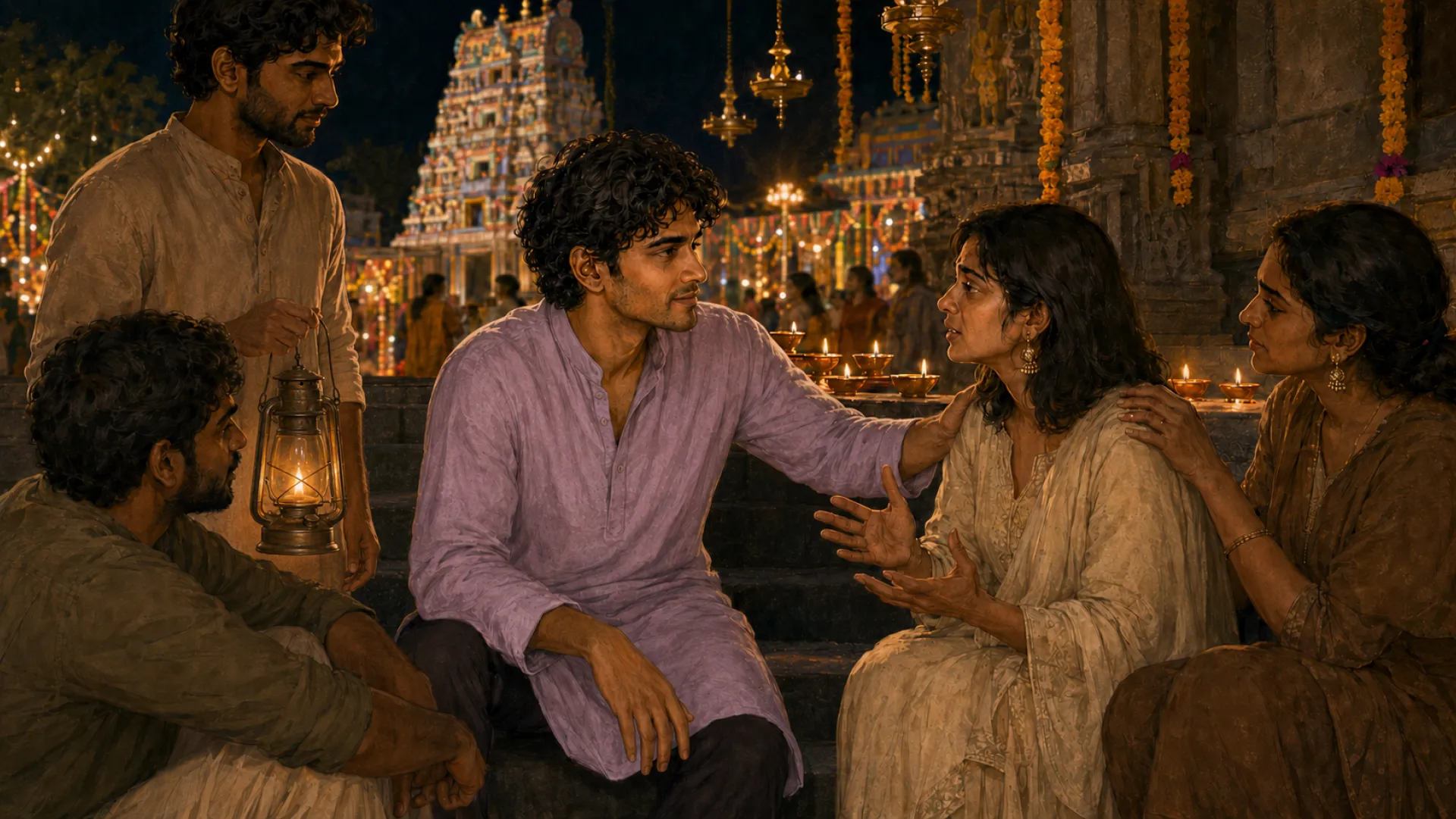 The Ember sitting on lamp-lit stone steps at night, listening with one hand on the shoulder of an upset friend while three others gather close