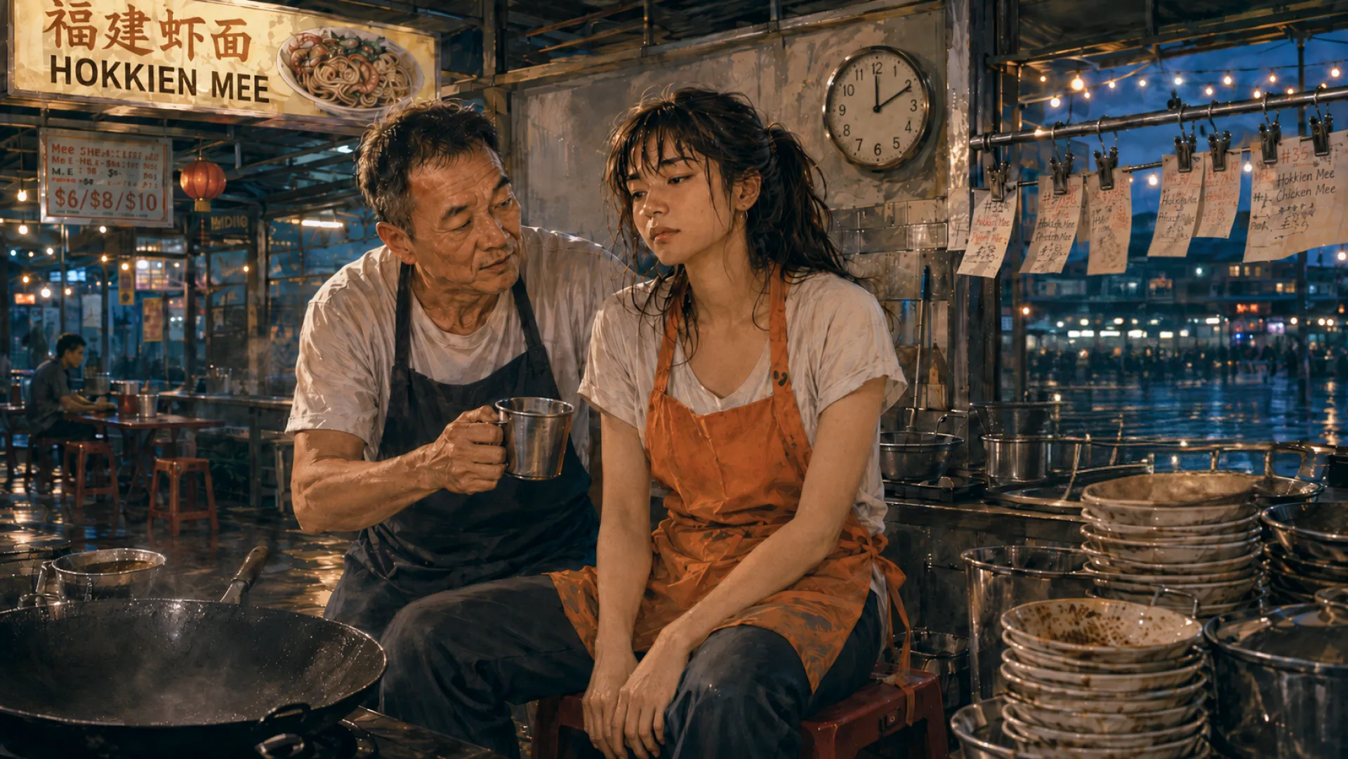 The Flare sat down on a stool after service, an older stallholder handing over a metal mug of tea beside the wok