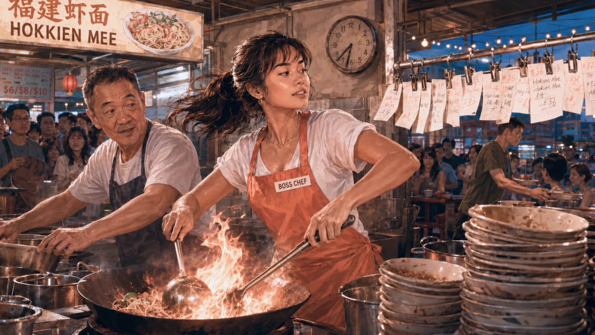 The Flare working a flaming wok at a night food stall, order slips pegged in a row above the pass
