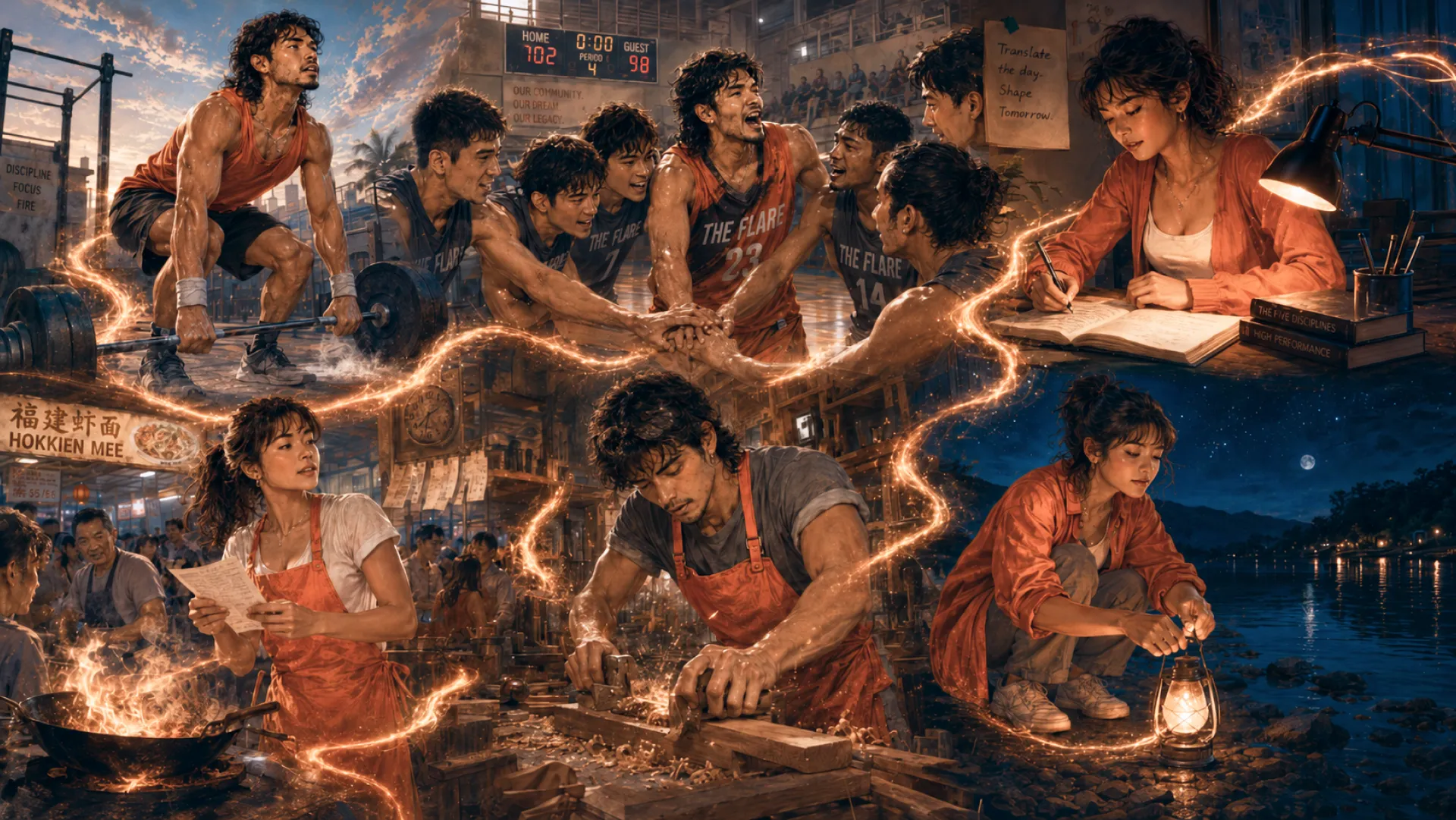 The Flare in six scenes threaded by one line of light: a barbell at dusk, the team huddle, the food stall, a workbench, a notebook under a lamp, and a lantern by the water at night