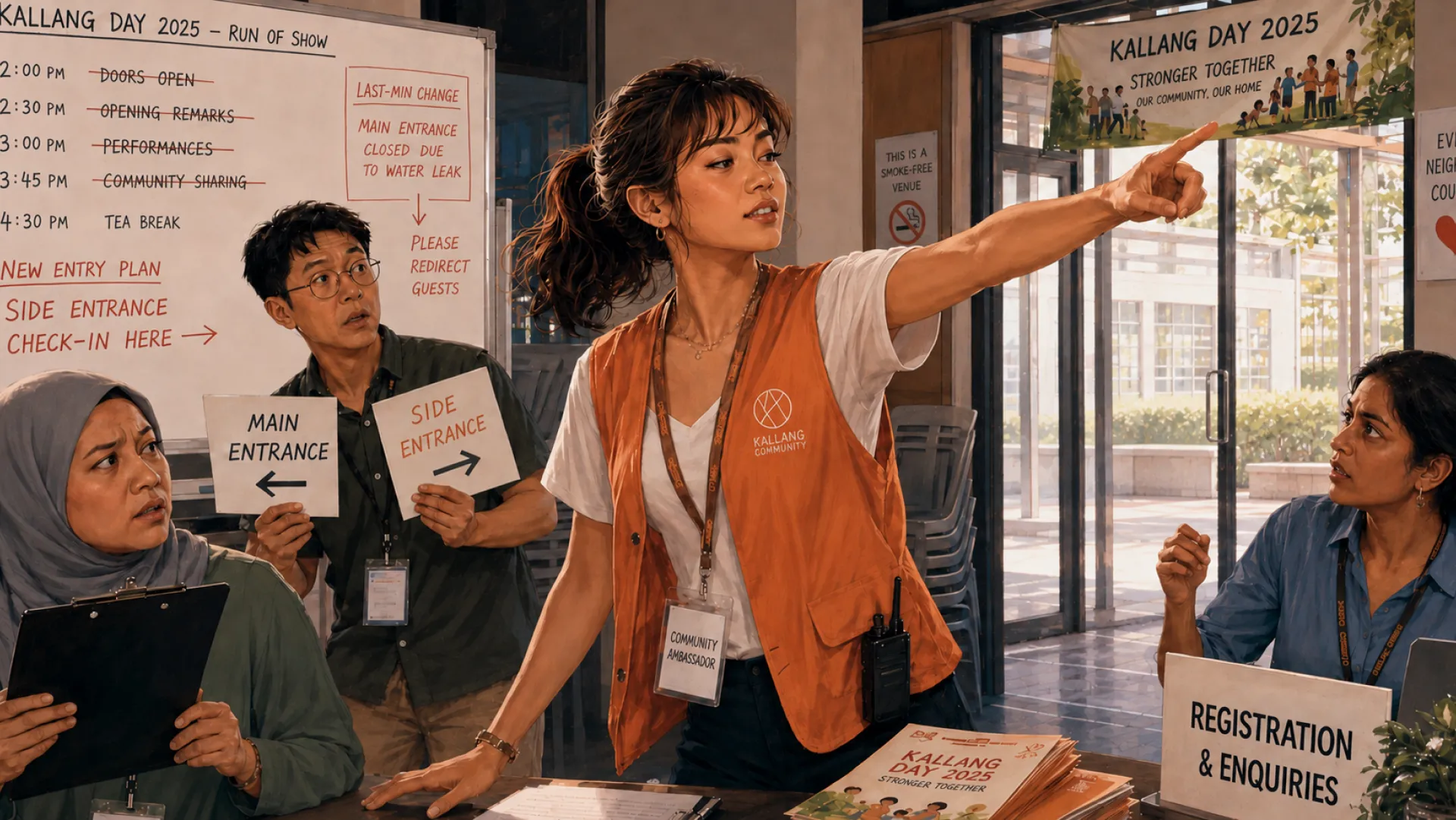 The Flare in a volunteer's vest at a community event, pointing the registration desk staff towards the side entrance, with a last-minute change written up on the whiteboard behind