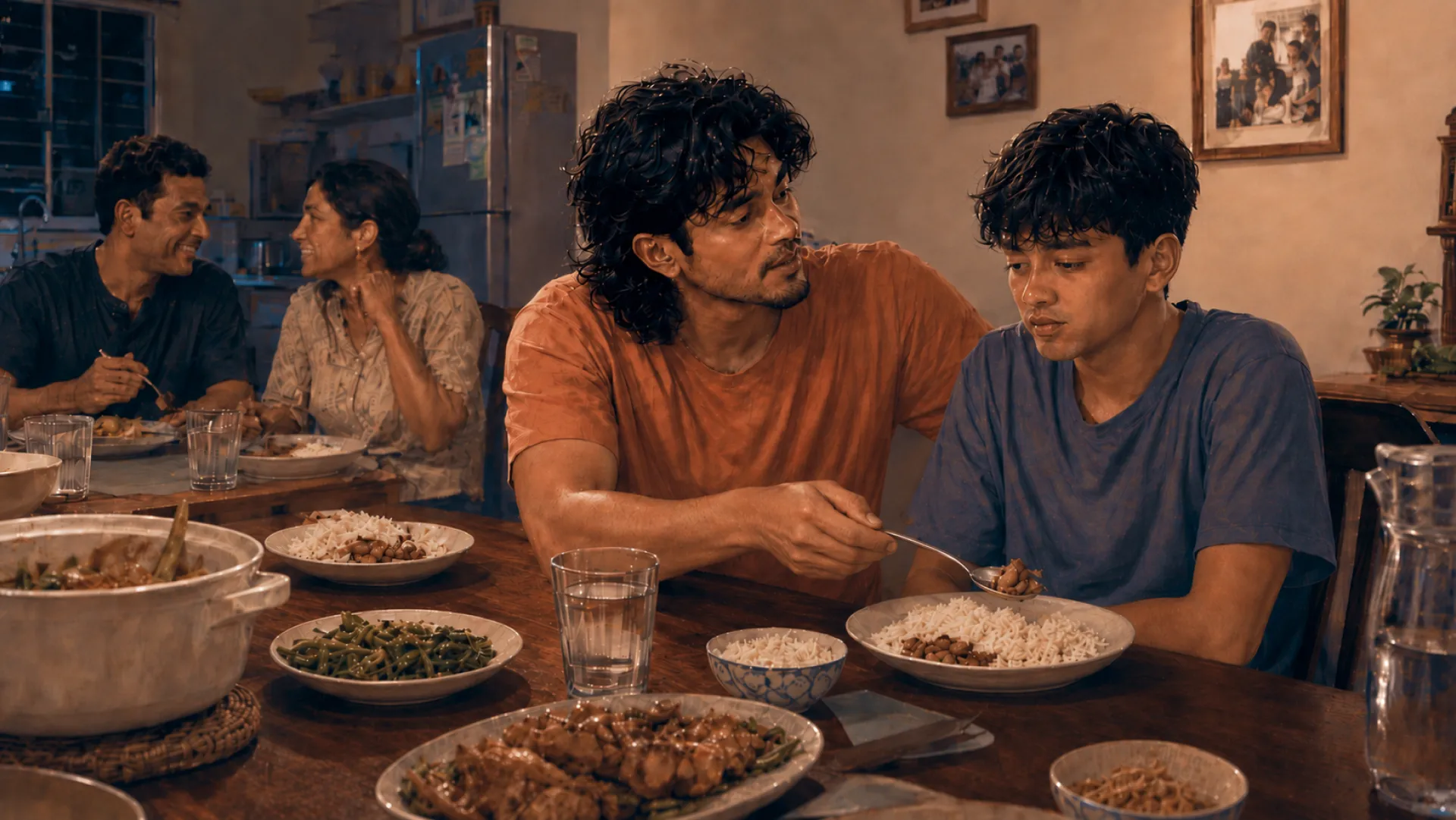 The Flare at a family dinner table, spooning food onto a quiet teenager's plate while the conversation carries on at the far end