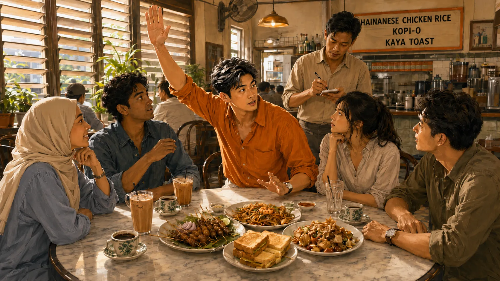 The Flash mid-sentence at a busy coffee-shop table with one hand up for the server and four friends turned towards them