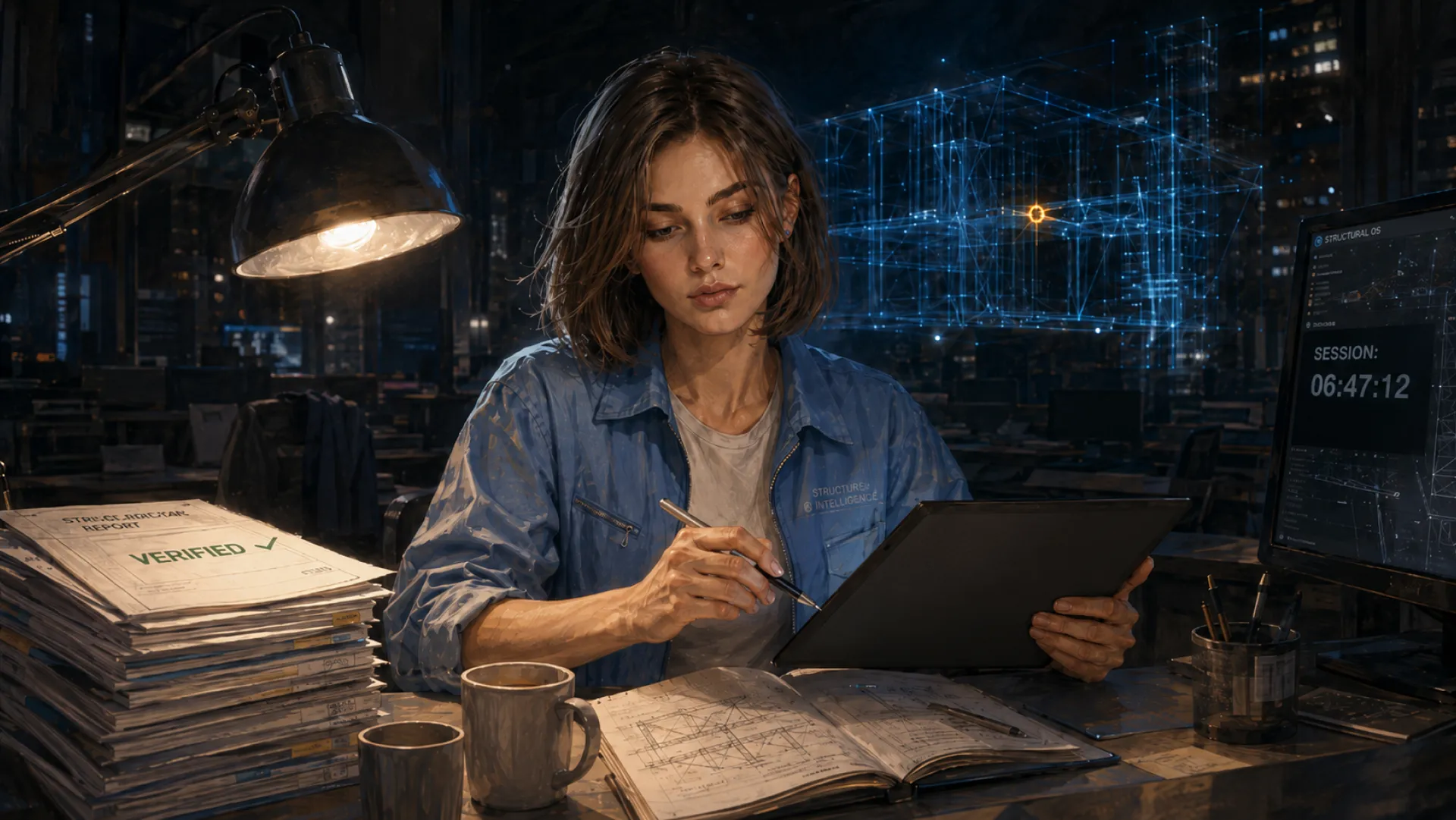 The Forge still marking up a tablet at a lamplit desk late into a long session, a stack of reports already marked verified at one elbow