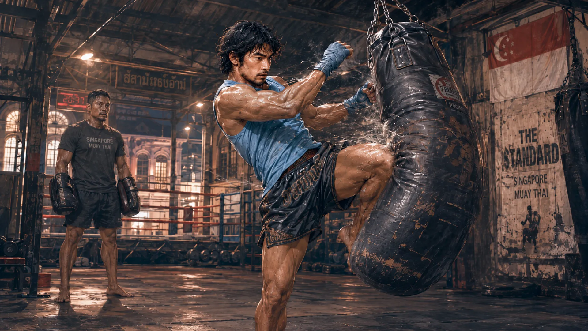 The Forge driving a knee into a heavy bag in a Muay Thai gym, a coach wearing Thai pads waiting on the floor behind
