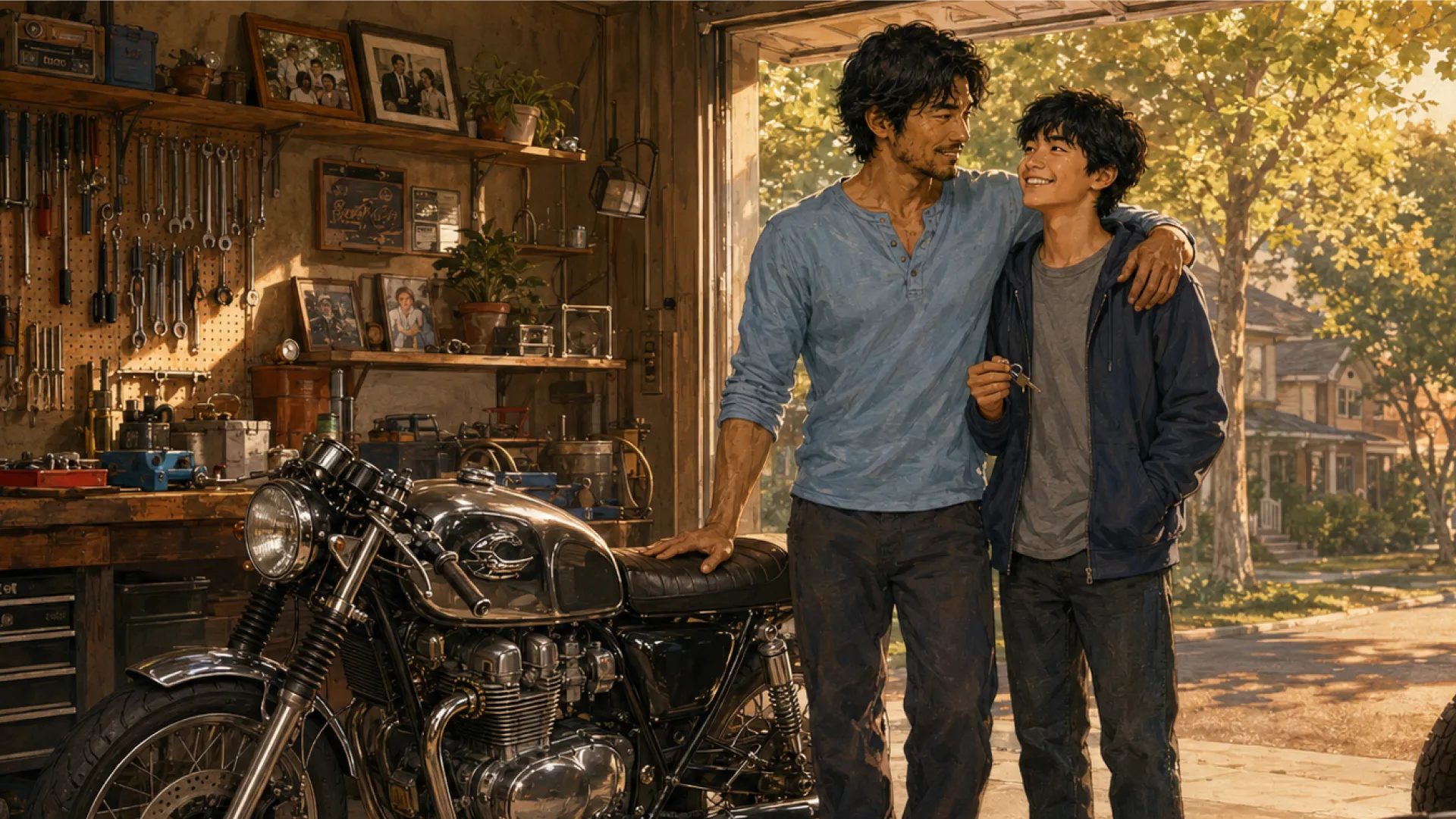 The Forge beside a rebuilt motorcycle in a garage doorway, arm in arm with the beaming teenager it was rebuilt for, who holds the keys