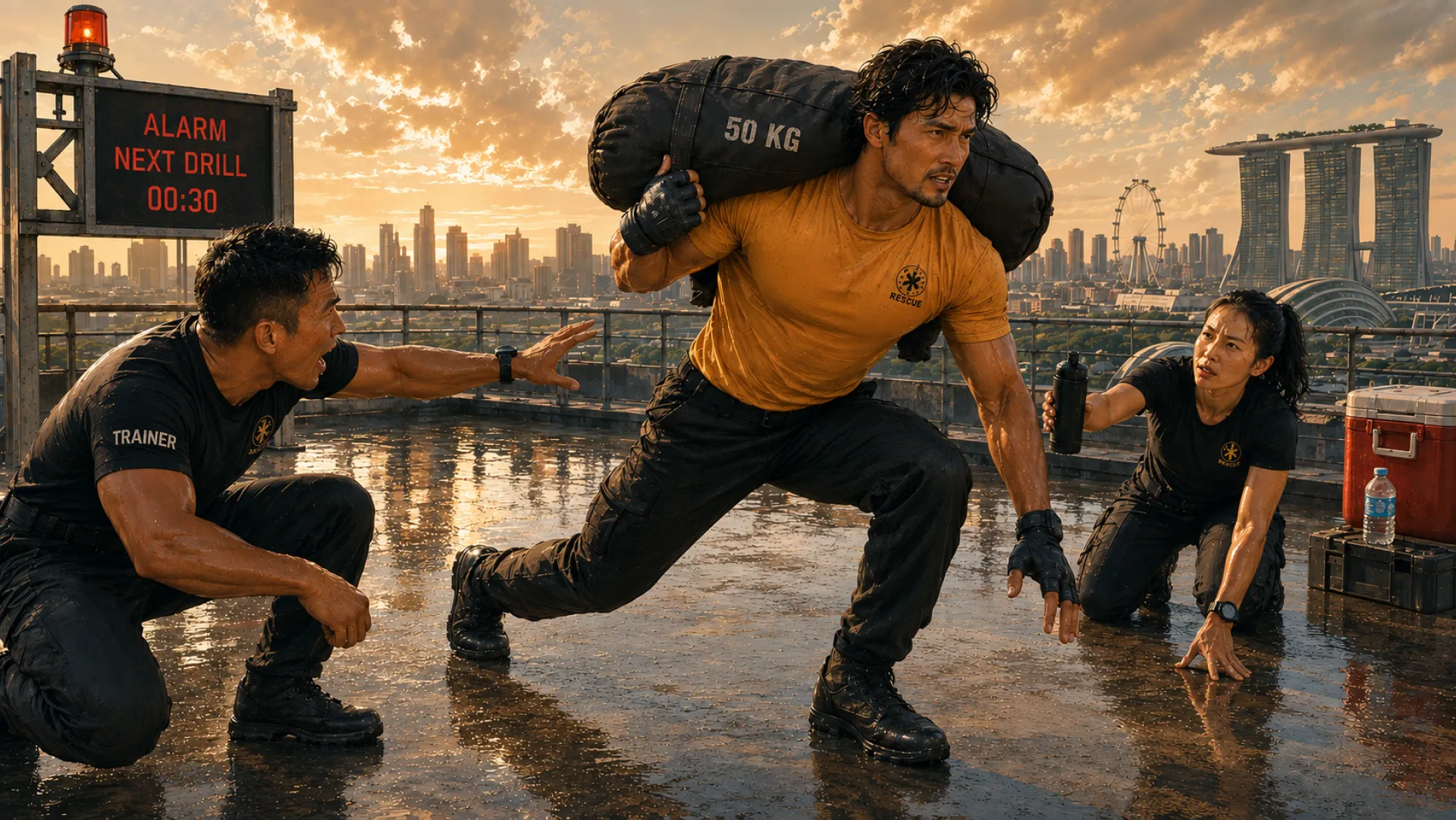 The Gladiator carrying a fifty-kilo sandbag across a wet rooftop deck, a trainer crouched alongside calling out, a teammate kneeling with a water bottle and a board behind them counting down to the next drill