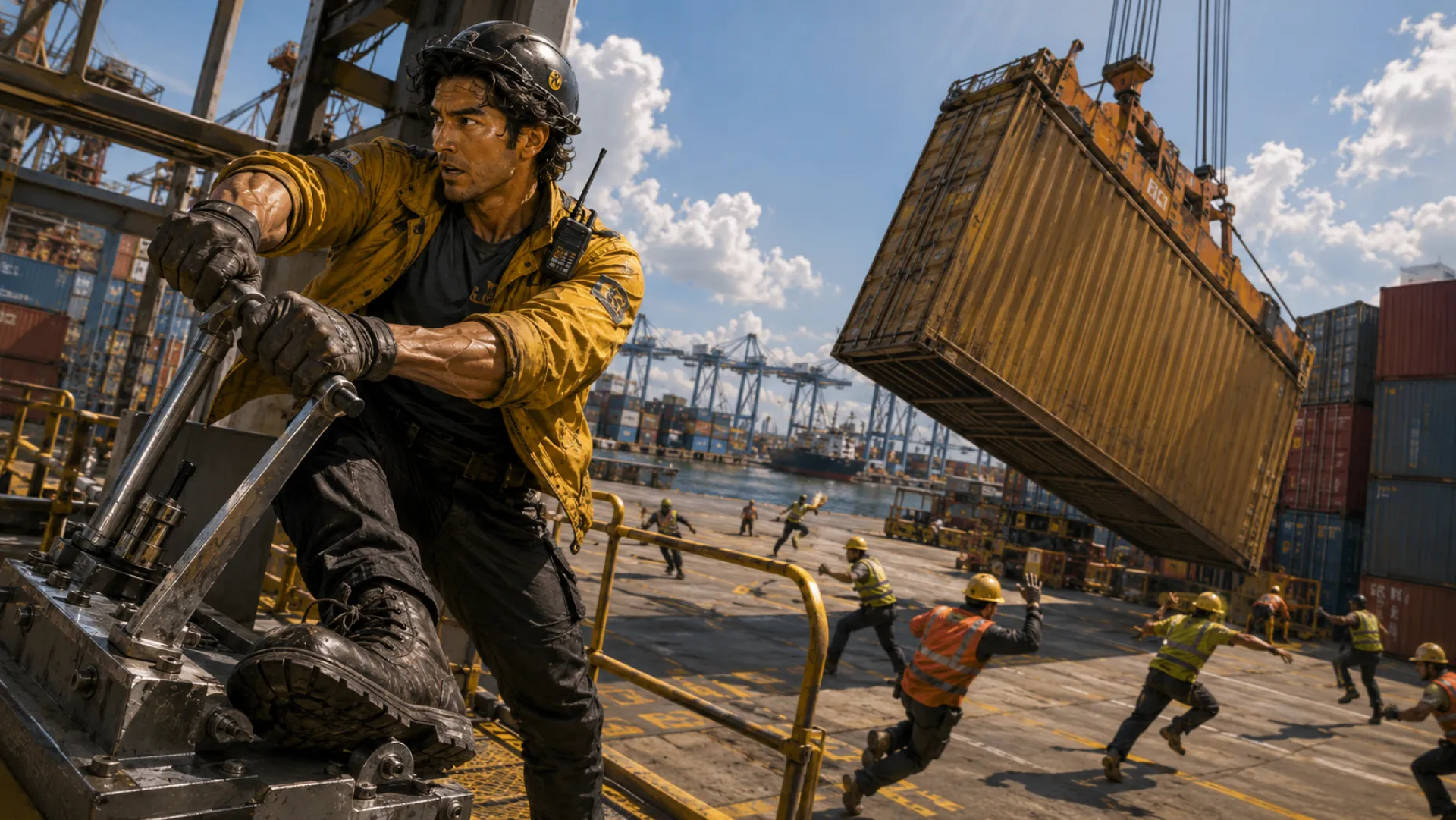 The Gladiator in a yellow jacket working the crane controls at a container terminal, radio clipped to the chest, as a container swings in overhead and dock workers move clear below