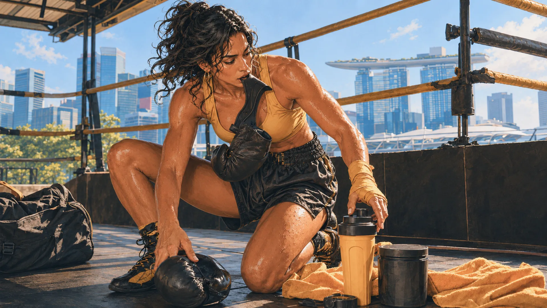 The Gladiator kneeling in an outdoor boxing ring after a session, pulling off a glove with the teeth and reaching for a shaker bottle beside a towel