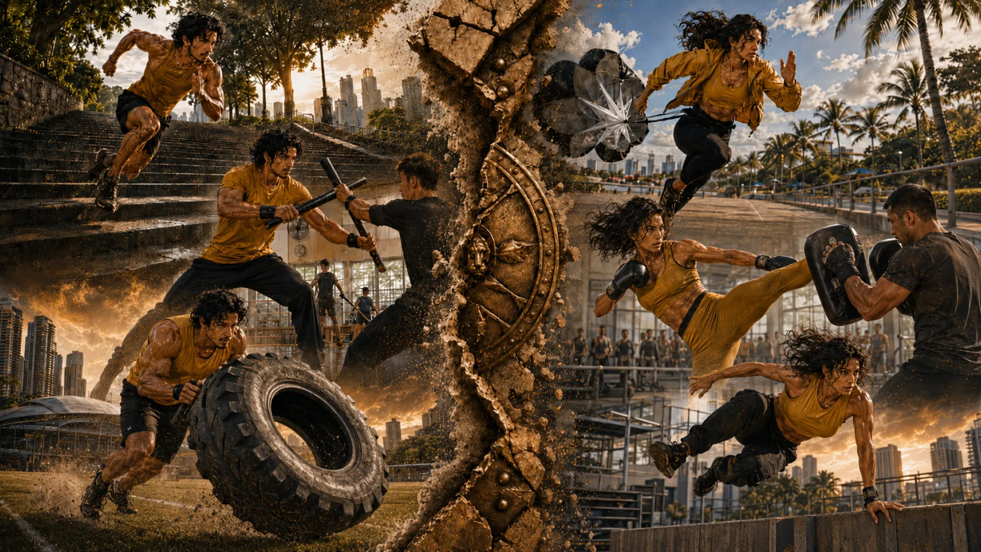 The Gladiator training in a montage around a cracked gold shield: sprinting up stadium steps, stick sparring, flipping a tractor tyre, sprinting with a resistance chute, kicking pads held by a partner and vaulting a low wall