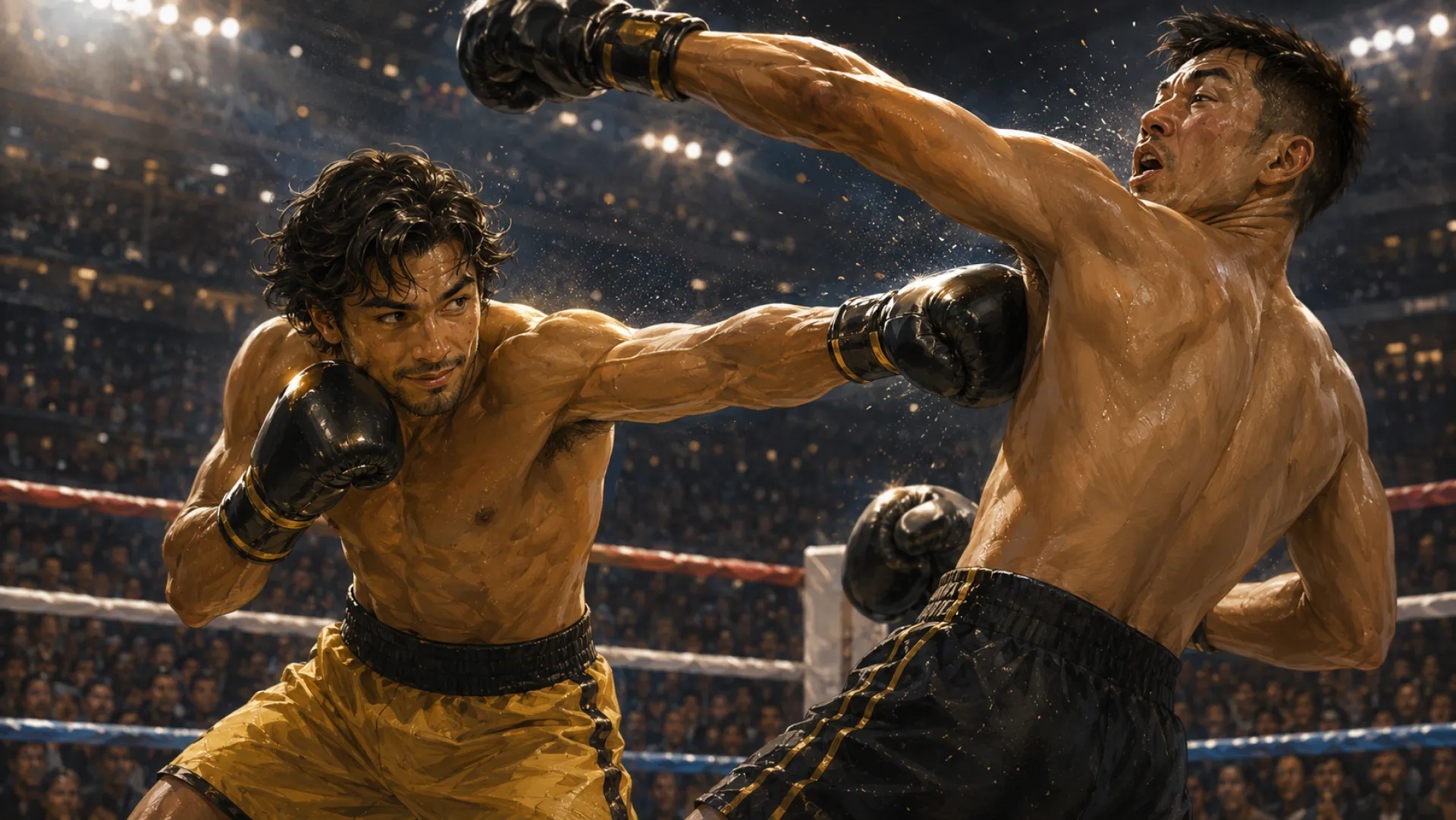 The Gladiator mid-exchange with another boxer under the lights of a packed arena, landing a straight punch as sweat sprays off the other