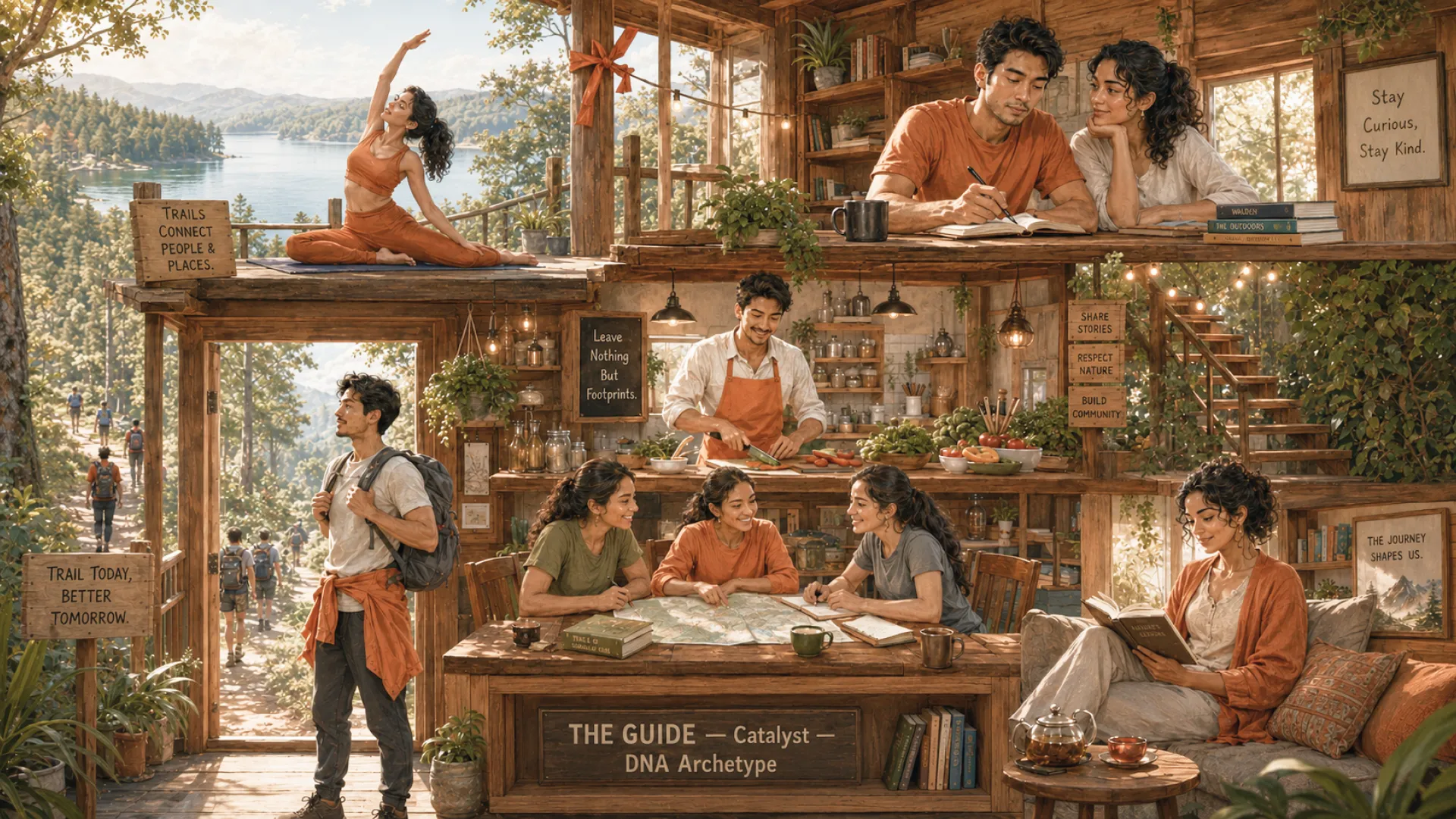 A cutaway of a trail lodge with the Guide in every room: stretching on the upper deck, writing at a desk, cooking, reading a map with two others, heading out on the trail with a backpack and reading on the sofa beside a pot of tea