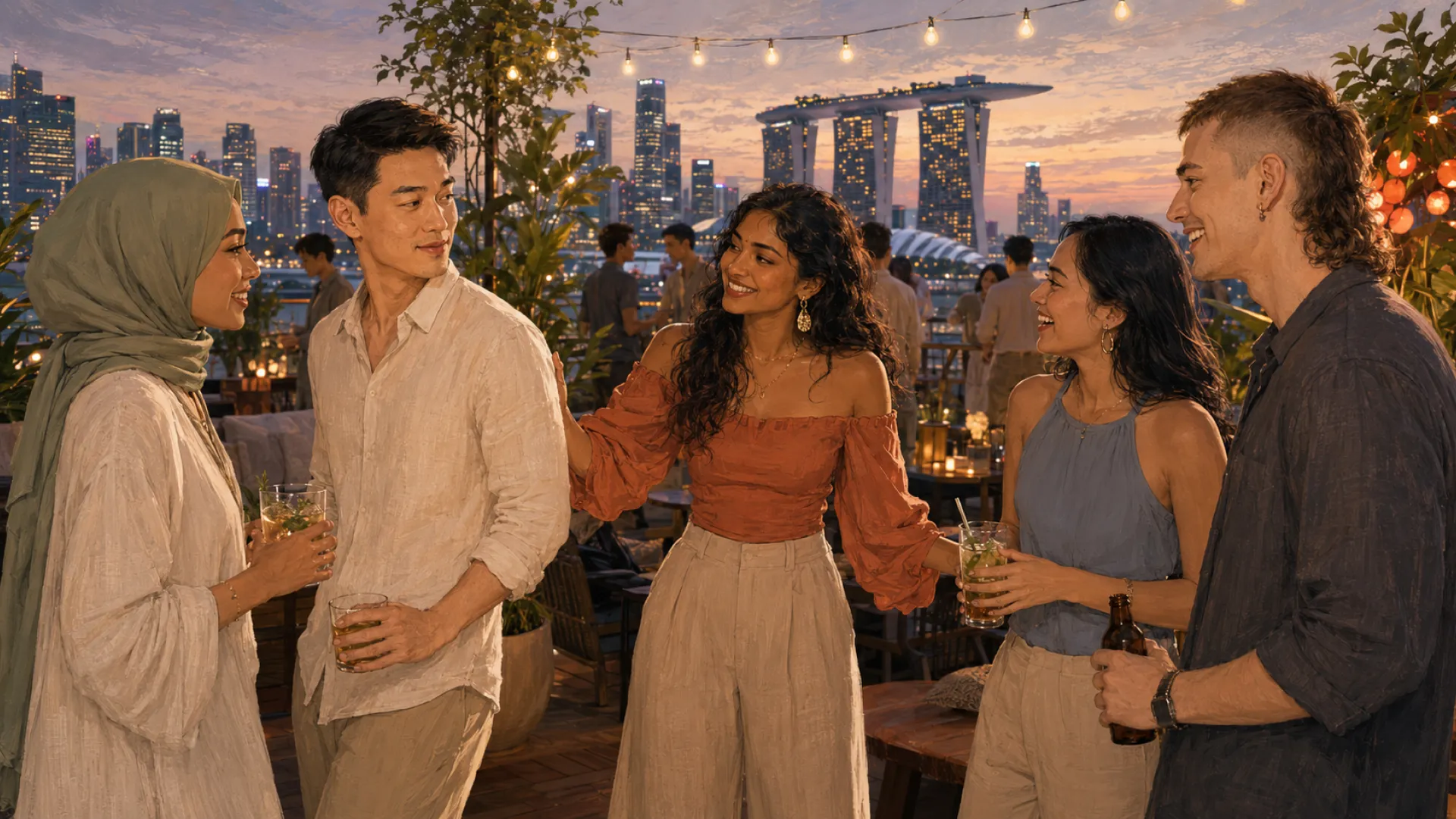 The Guide at a rooftop gathering at dusk, laughing with four friends in one conversation, drinks in hand and a city skyline behind