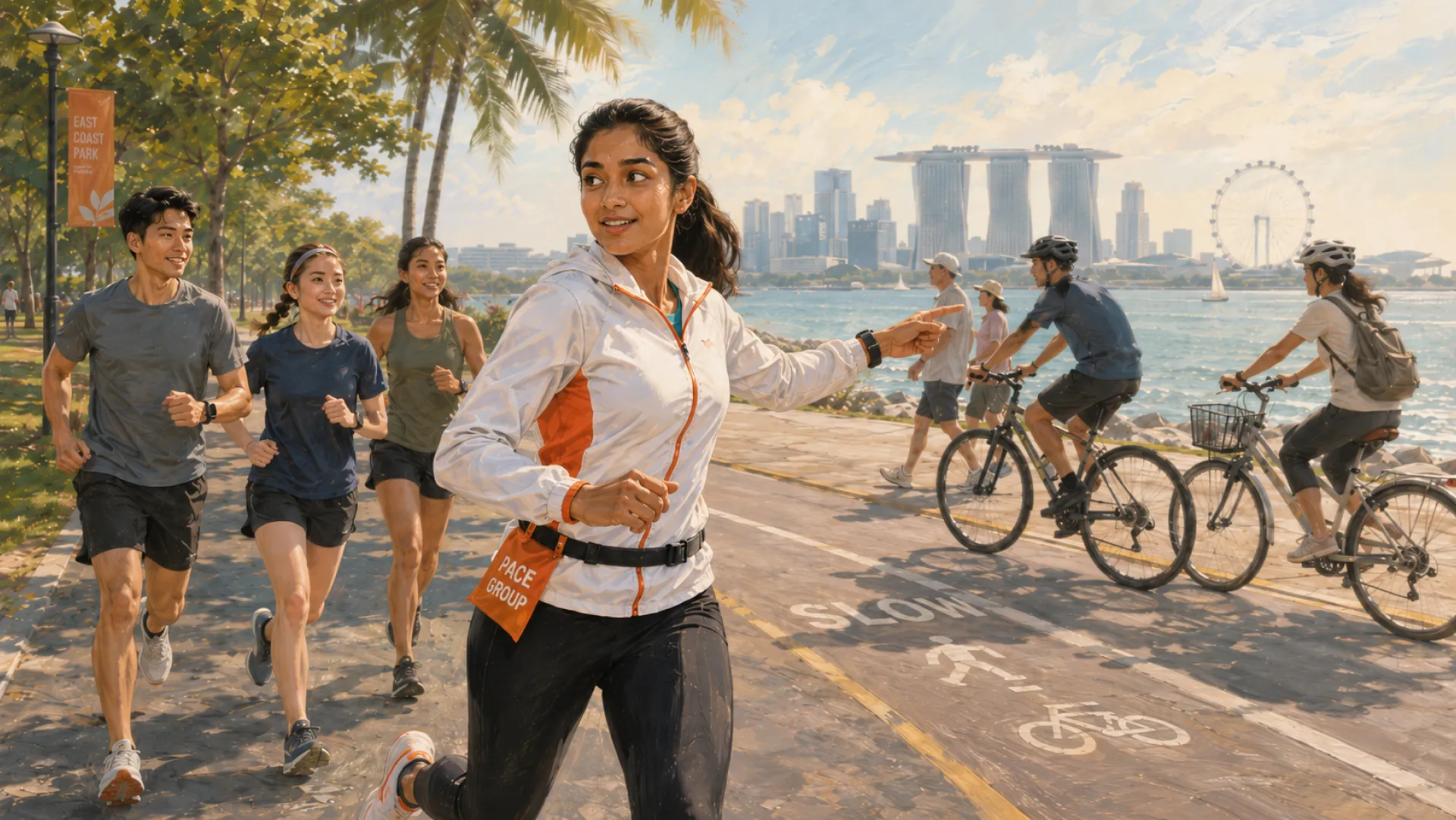 The Guide in a pace group bib, leading three runners along a seafront path and waving them on as cyclists pass