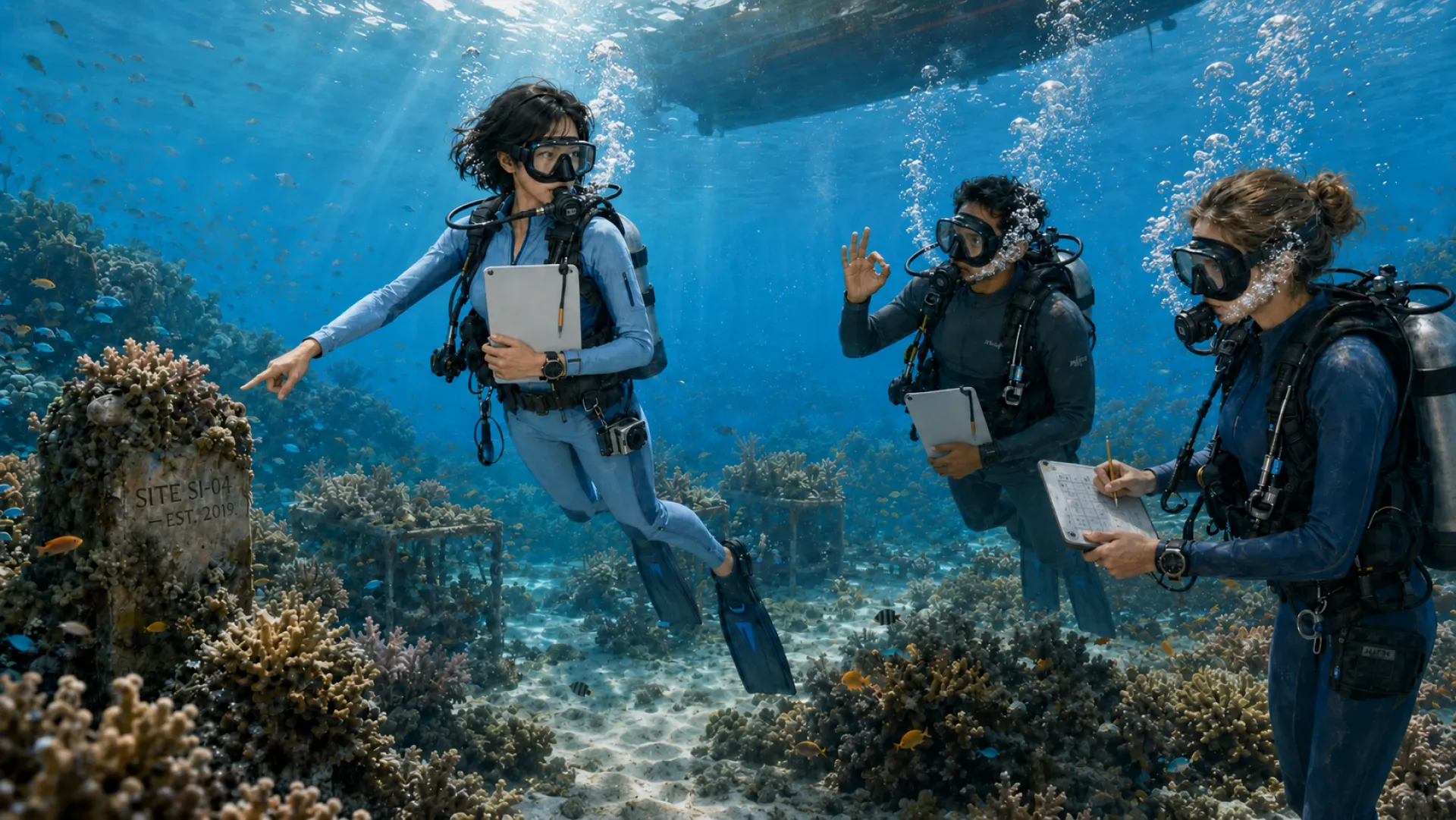 The Keeper on a reef survey pointing out a site marker stone, while two divers alongside record the readings