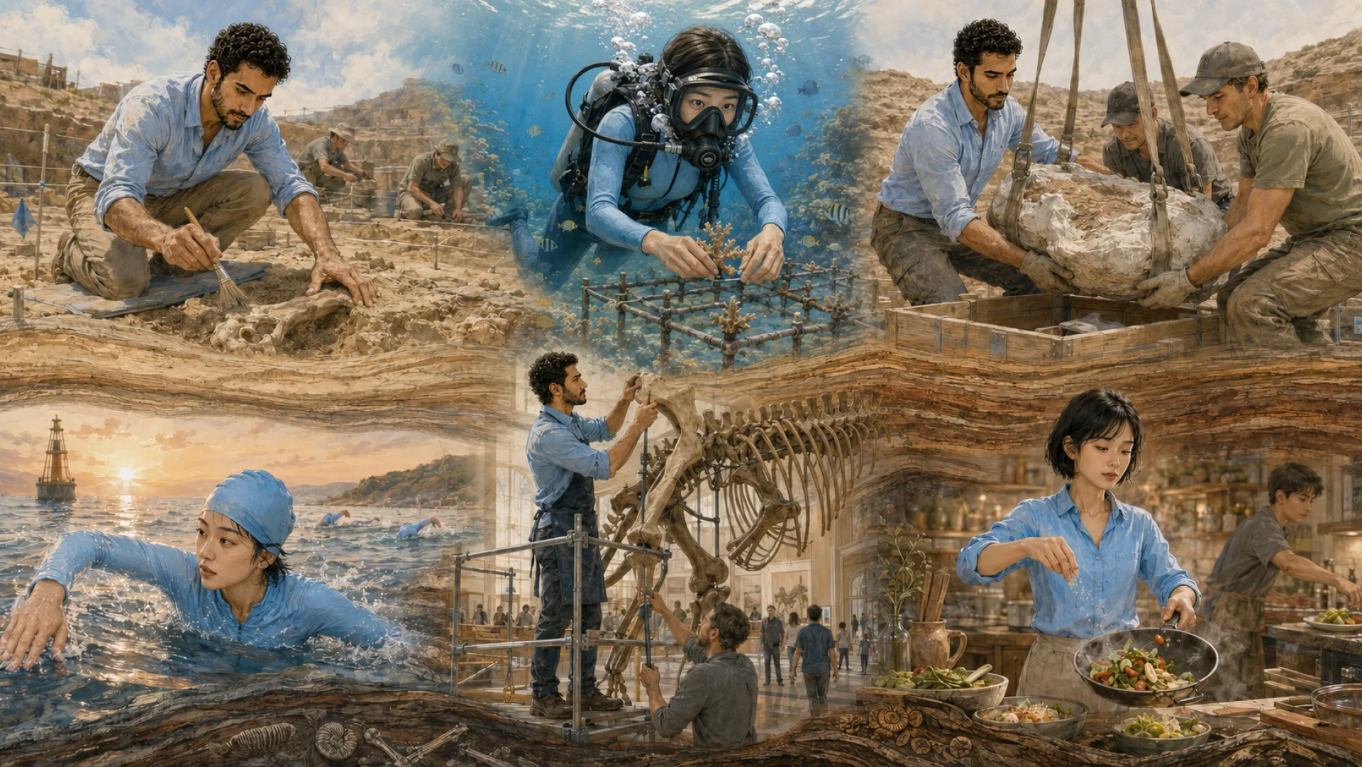 The Keeper in six scenes divided by bands of rock: brushing a fossil at a dig, tending coral on a nursery frame, lowering a wrapped find into a crate with a crew, swimming in open water at sunrise, mounting a skeleton in a museum hall, and cooking at a busy kitchen counter with a second cook behind