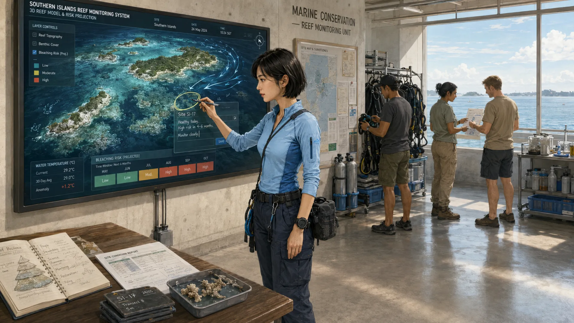 The Keeper circling one reef site on a large monitoring screen with a stylus and writing beside it that the site is healthy today but at high risk in four to six months