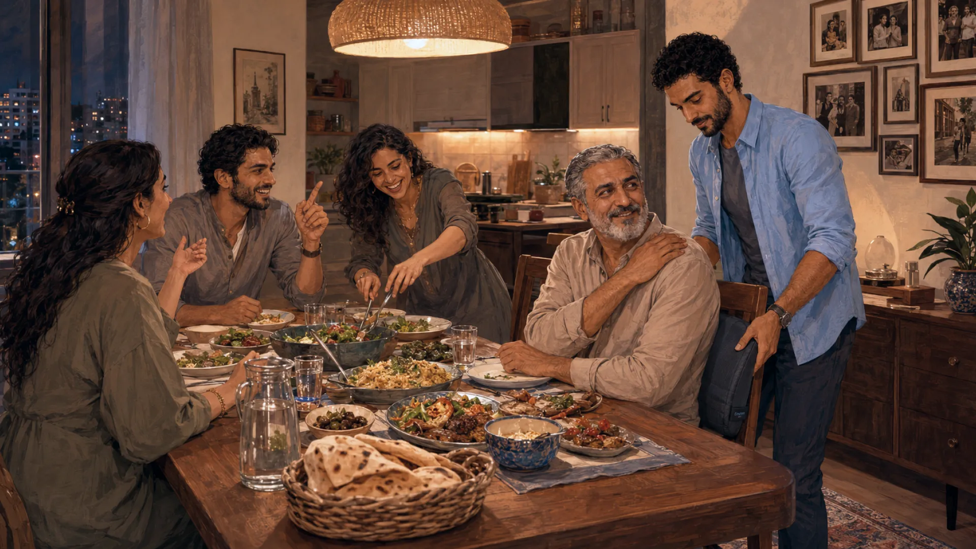 The Keeper sliding a cushion in behind an older relative's chair at a crowded family dinner, while the relative rubs a sore shoulder and smiles up