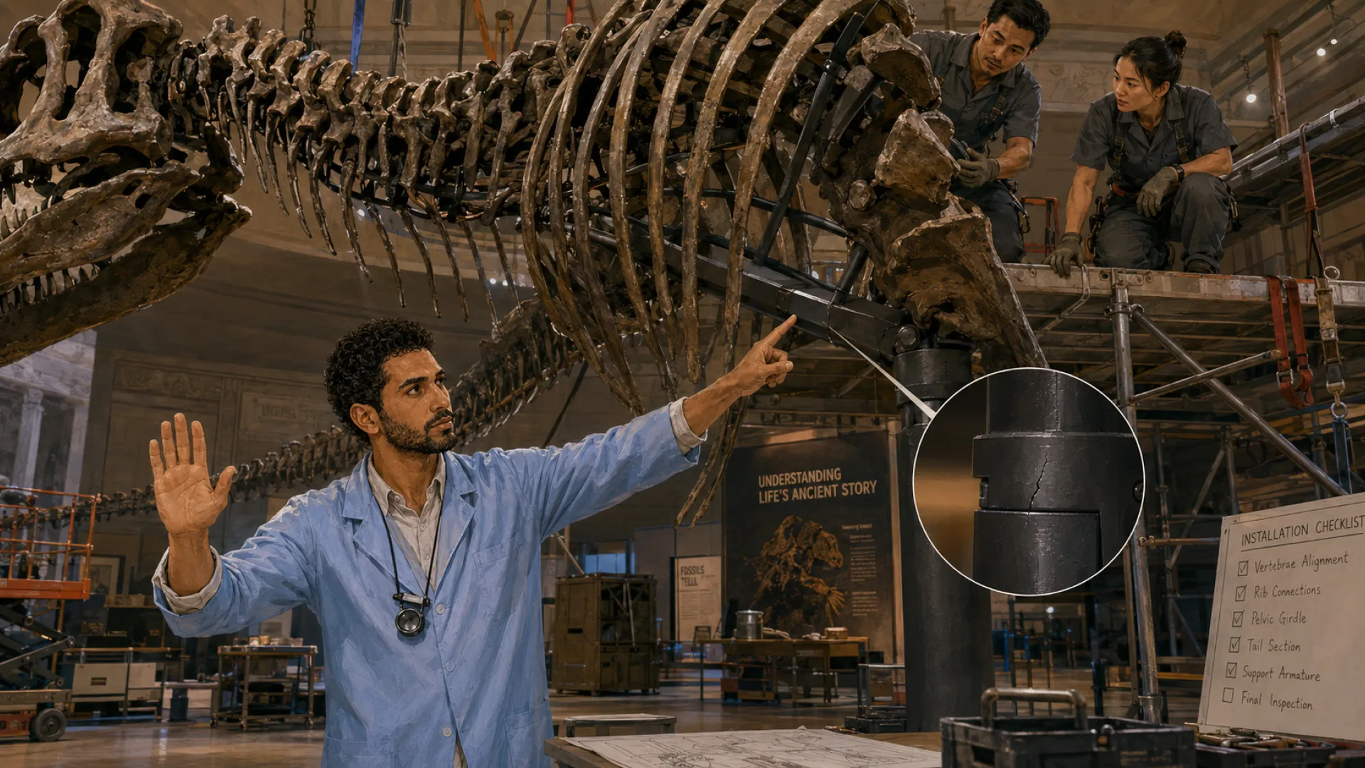 The Keeper halting an installation with a raised hand, pointing out a hairline crack in the steel post holding up a mounted skeleton
