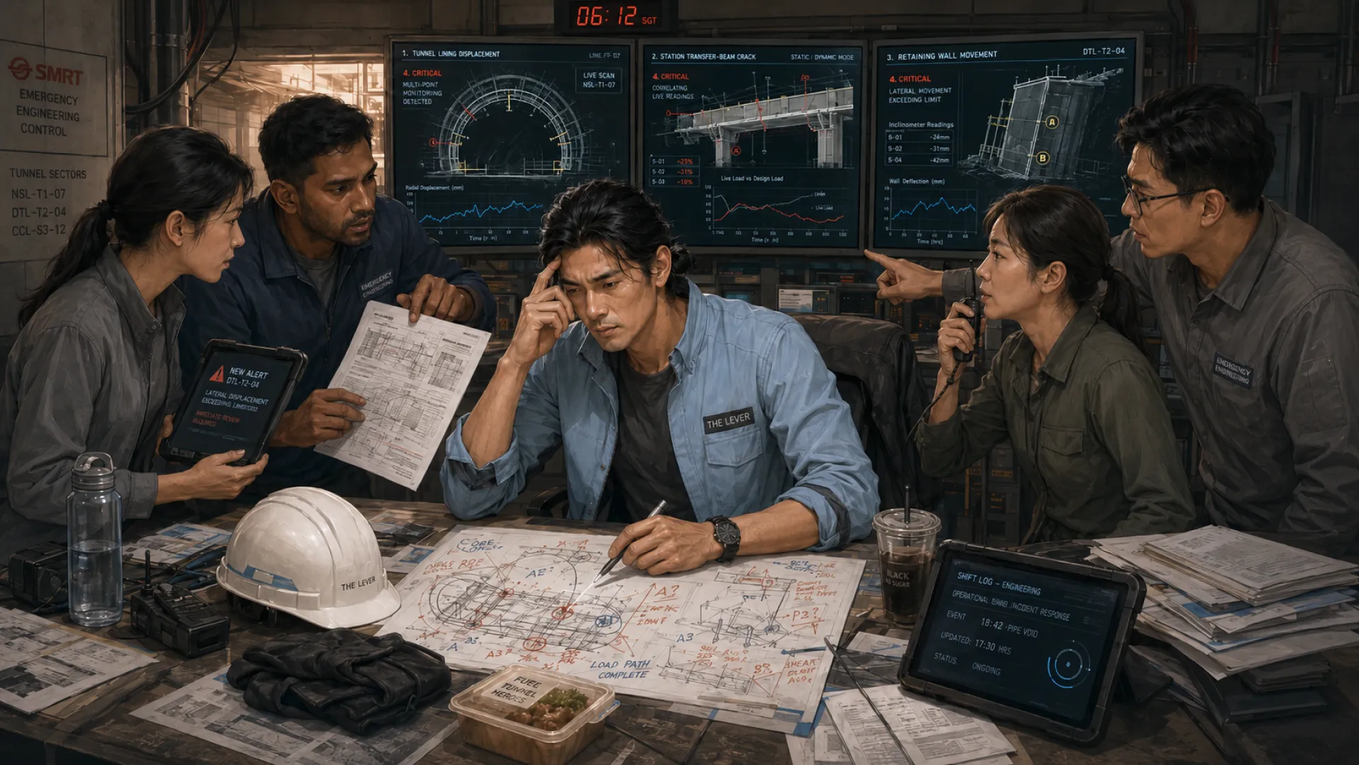 The Lever at an incident table at six in the morning, pen resting on a marked-up drawing, while four colleagues push alerts and papers in from both sides