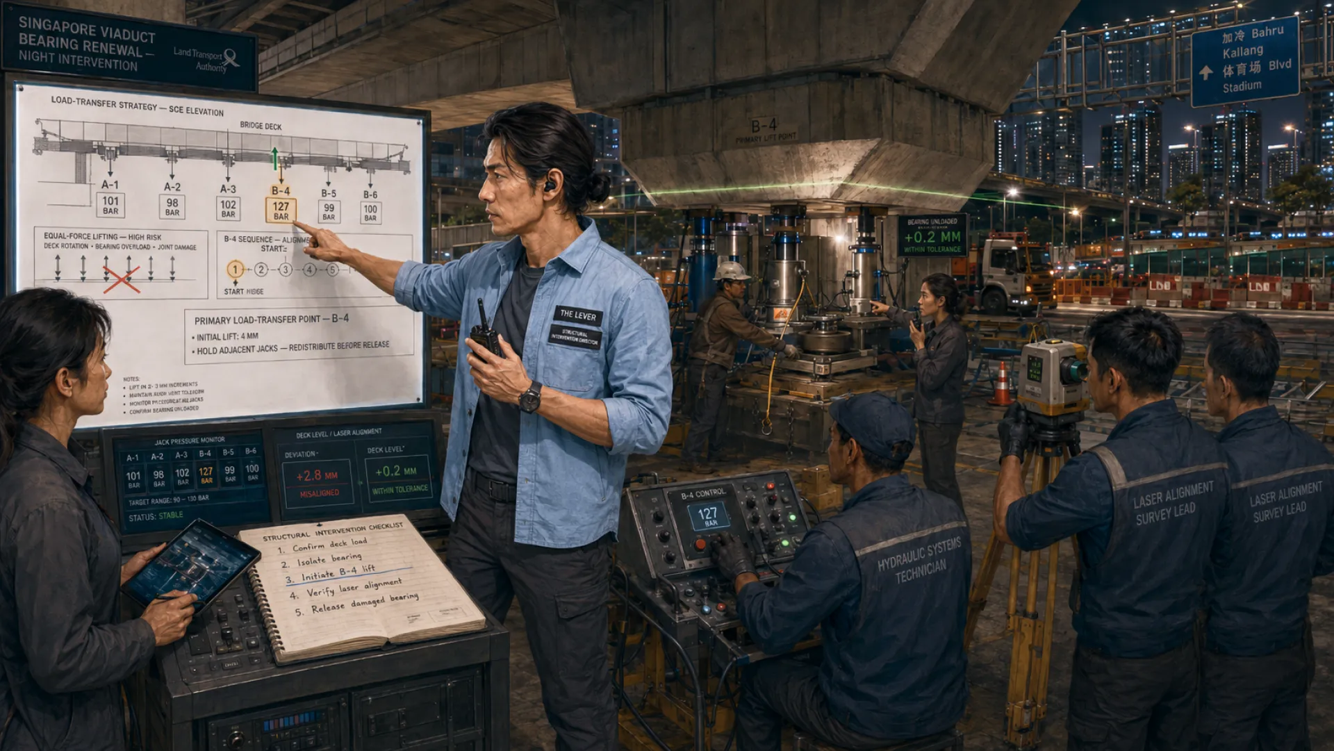 The Lever pointing at B-4 on the load-transfer board at a night bridge repair, with the equal-force option crossed out in red