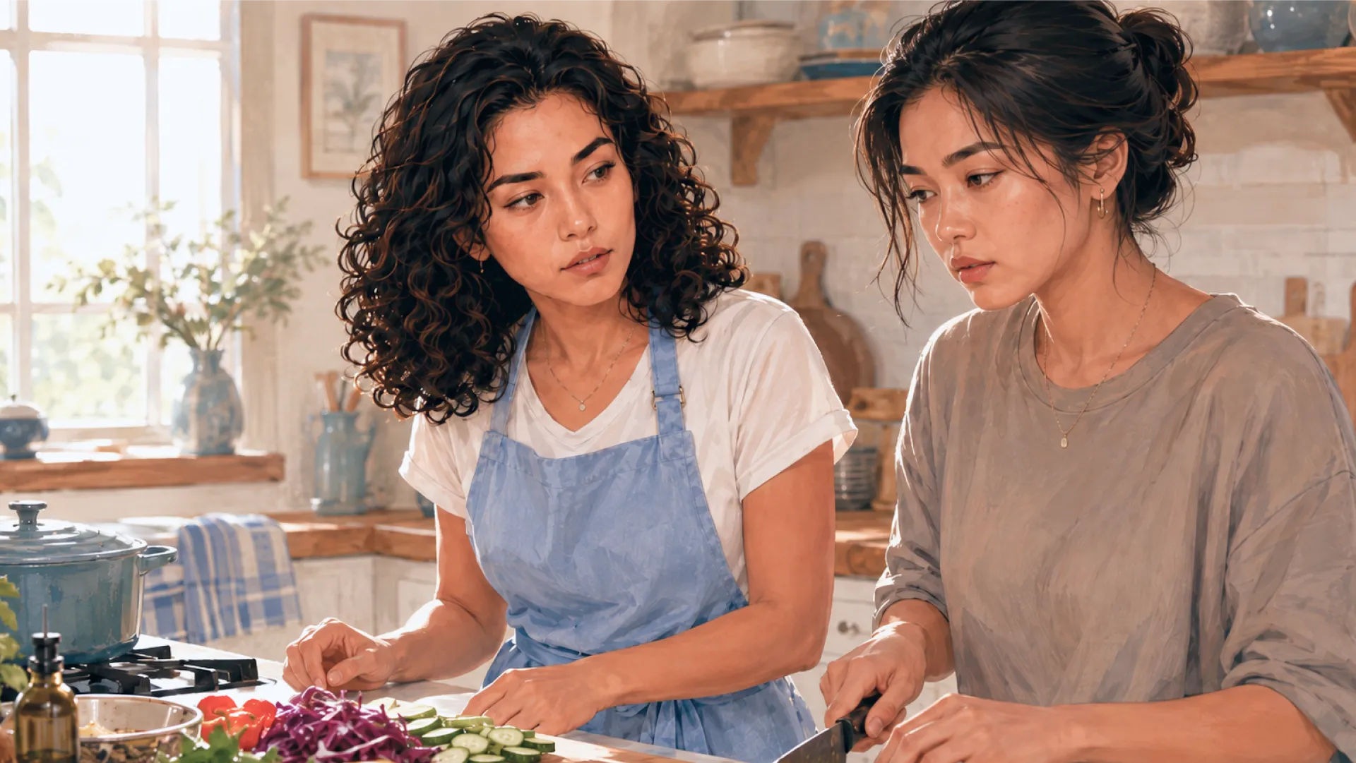 The Needle in an apron at a kitchen counter beside one other person, turned to watch them as they slice vegetables