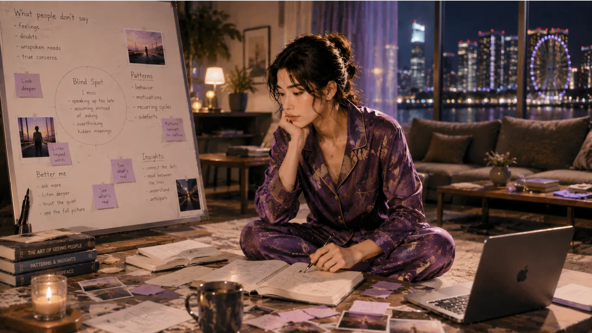 The Oracle in purple pyjamas on a living-room floor at night, writing in a notebook among photographs and sticky notes, beside a whiteboard headed “What people don't say” and a window onto the city skyline
