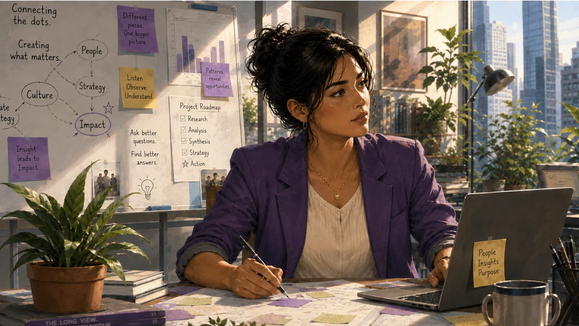 The Oracle at a desk with a laptop and notes, looking up beside a wall of sticky notes headed Connecting the dots