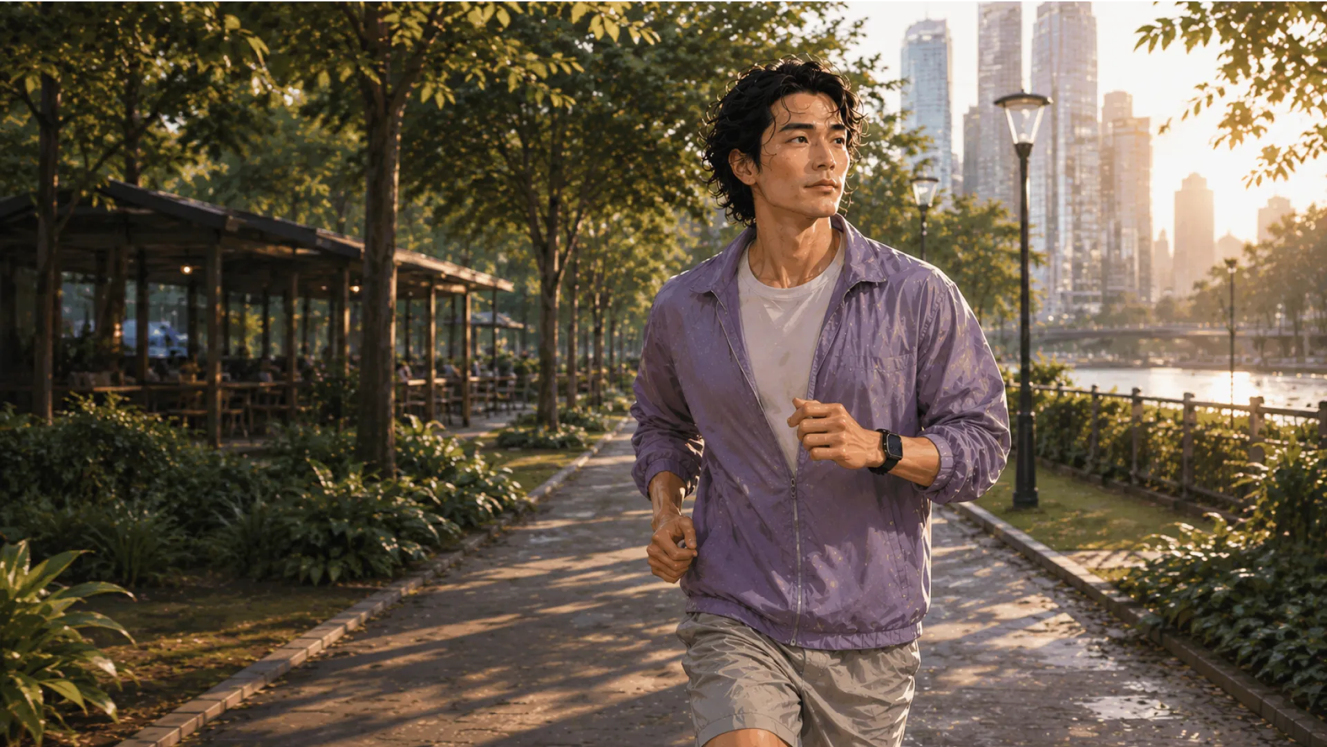 The Oracle jogging a tree-lined waterfront path in the early light