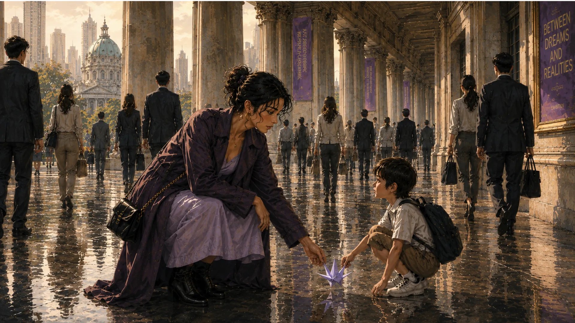 The Oracle crouching on a wet colonnade floor beside a young boy, reaching towards a small violet paper star as commuters stream past