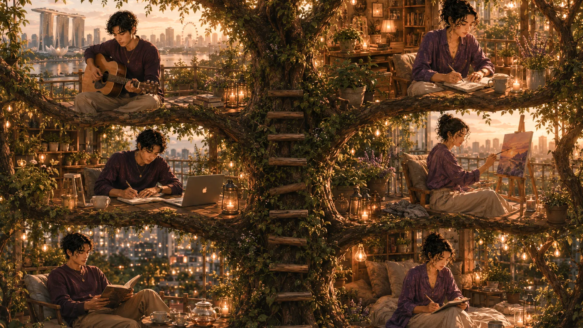 The Oracle in six scenes on the branches of a lantern-lit tree house above the city: playing guitar, writing at a laptop, reading in a chair, writing at a desk, painting at an easel and journalling on cushions