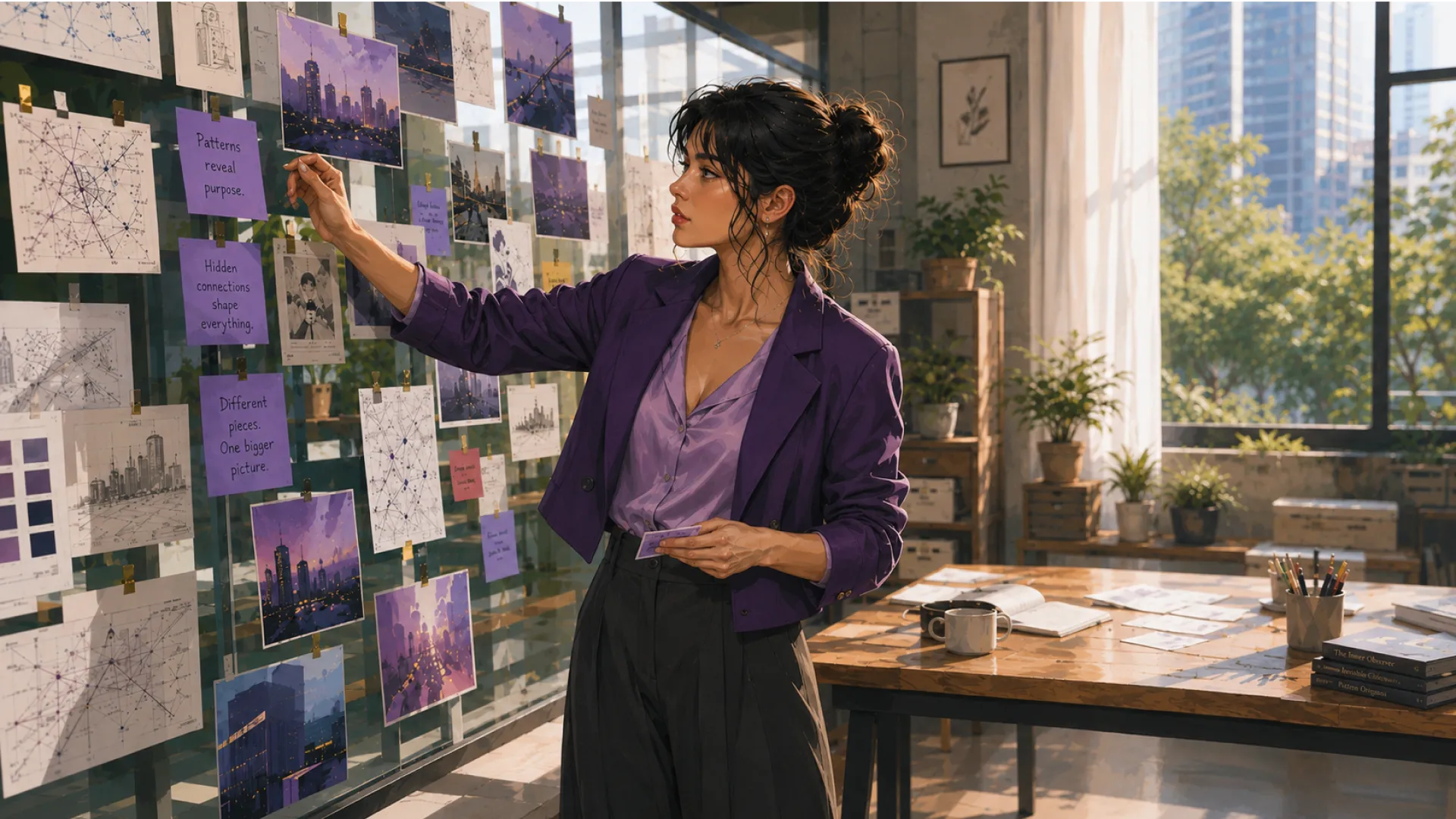 The Oracle pinning a card to a wall of sketches and purple notes in a sunlit room
