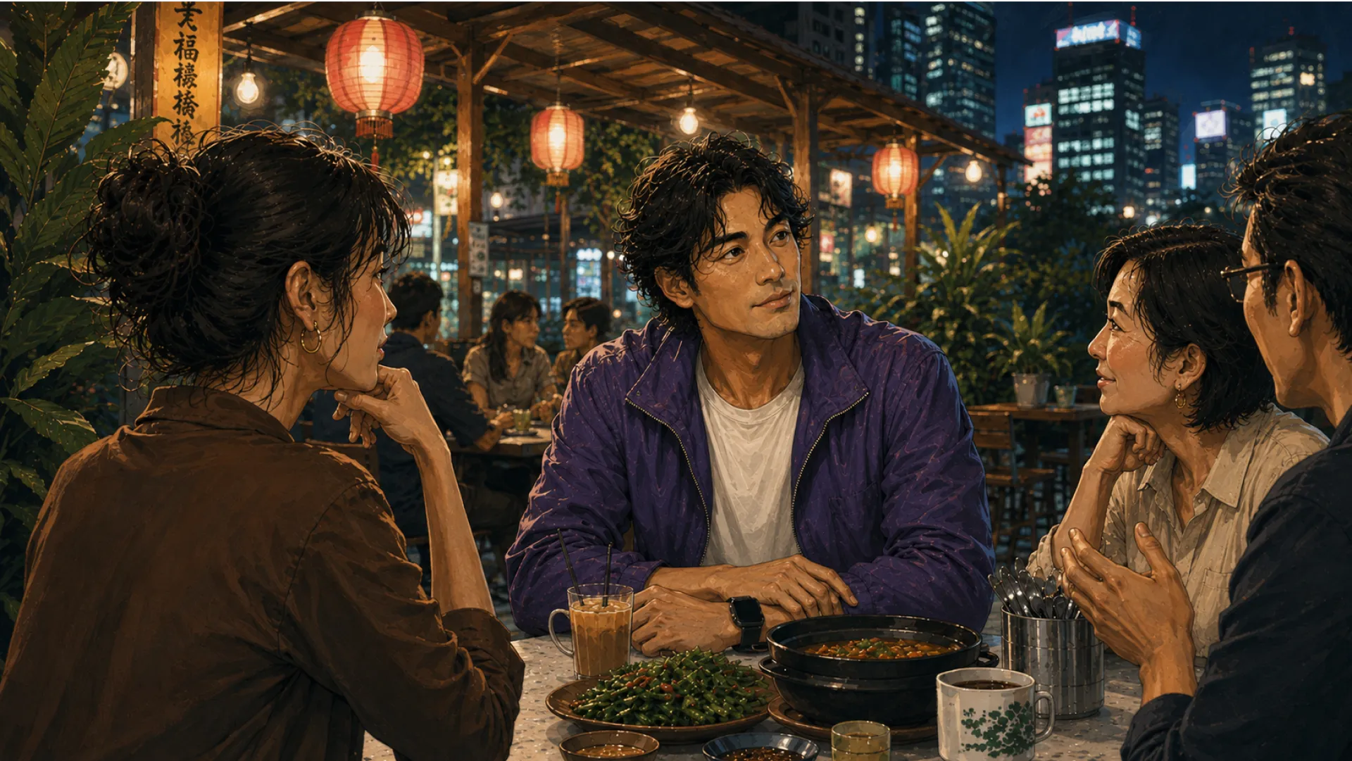 The Oracle talking at a lantern-lit outdoor table at night, three friends leaning in to listen over shared dishes