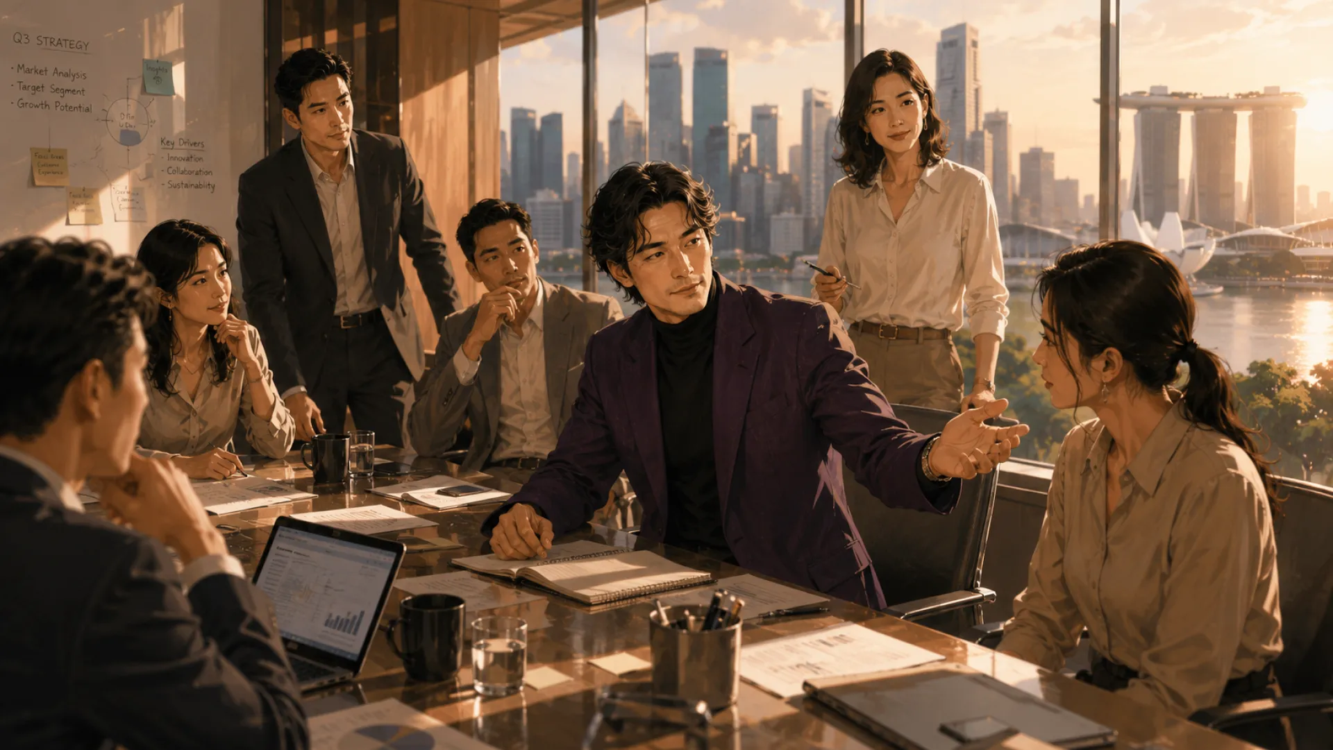 The Oracle speaking with one hand open at a boardroom table while colleagues sit and stand around to listen