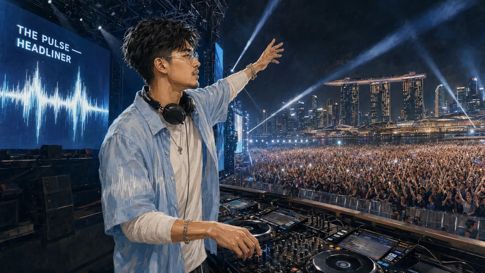The Pulse behind the decks on a festival stage at night with one arm raised, a waveform on the big screen behind and a packed crowd below