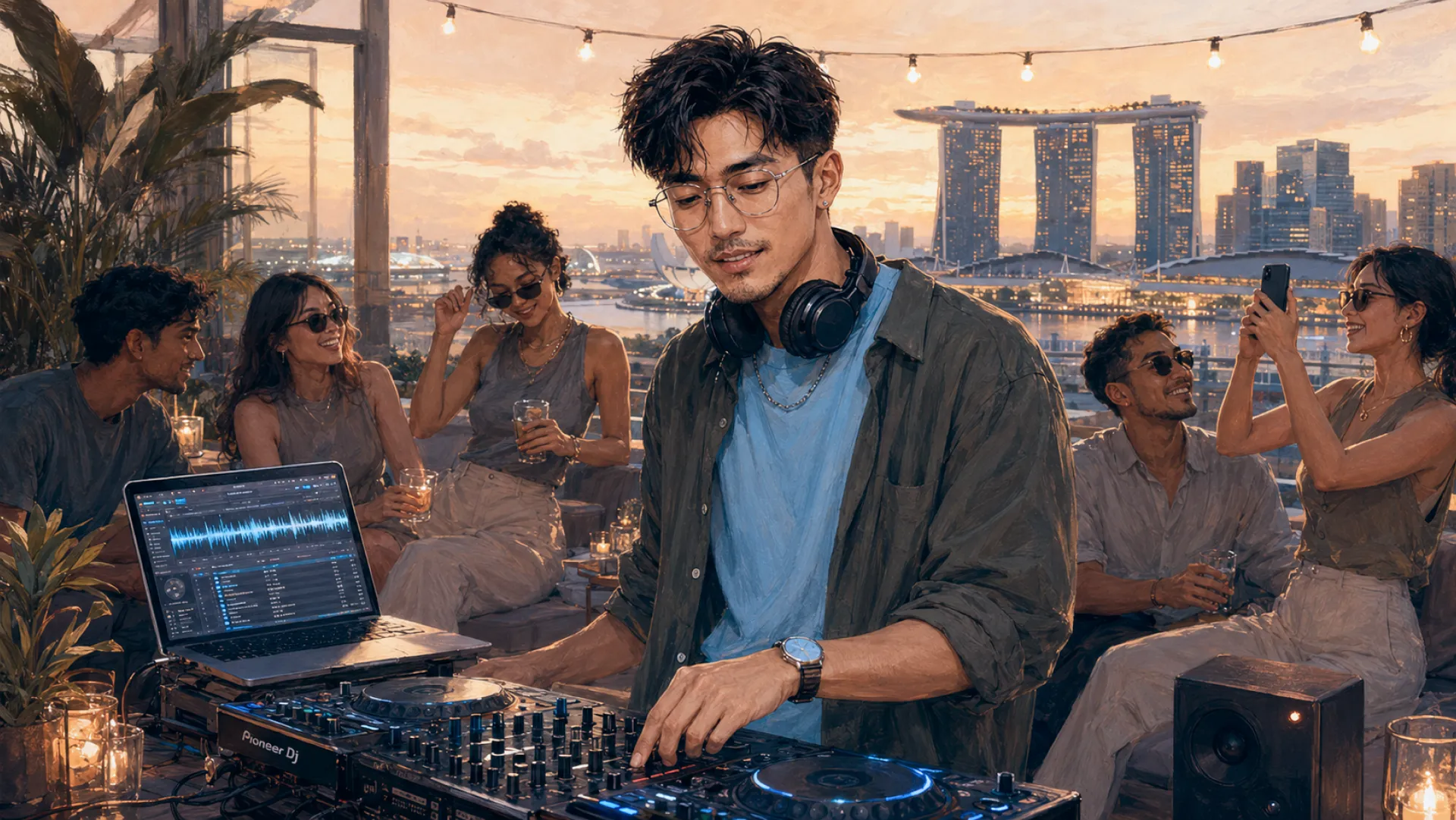 The Pulse at the decks on a rooftop at sunset, adjusting a fader while friends talk and take photos behind them and a city skyline lights up