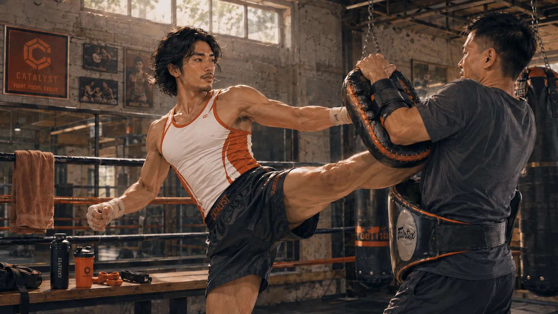 The Rush landing a mid-height kick on a coach's pads in a training gym, with a ring and heavy bags behind