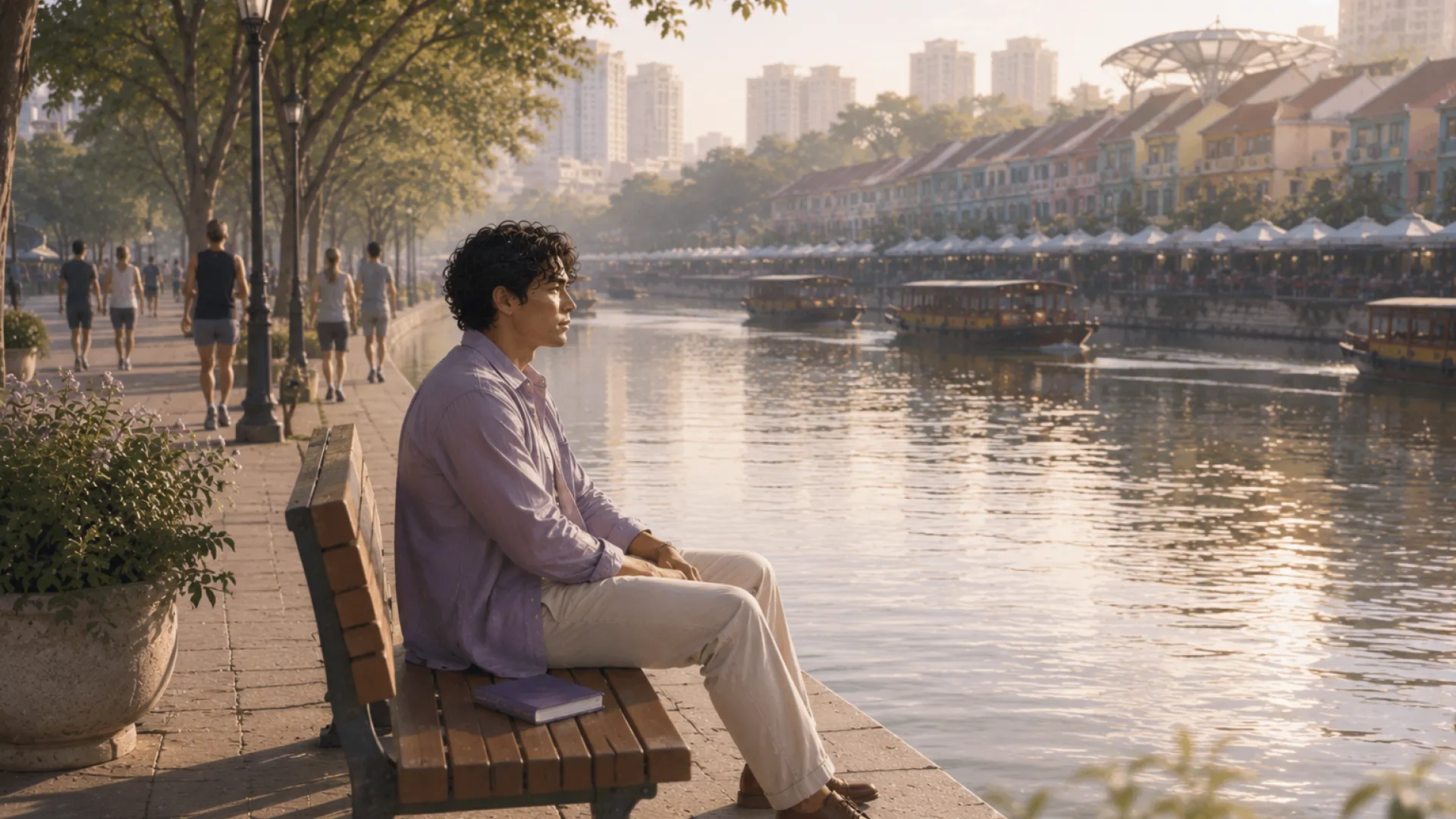 The Sage sitting alone on a waterfront bench at sunset, joggers passing on the path behind