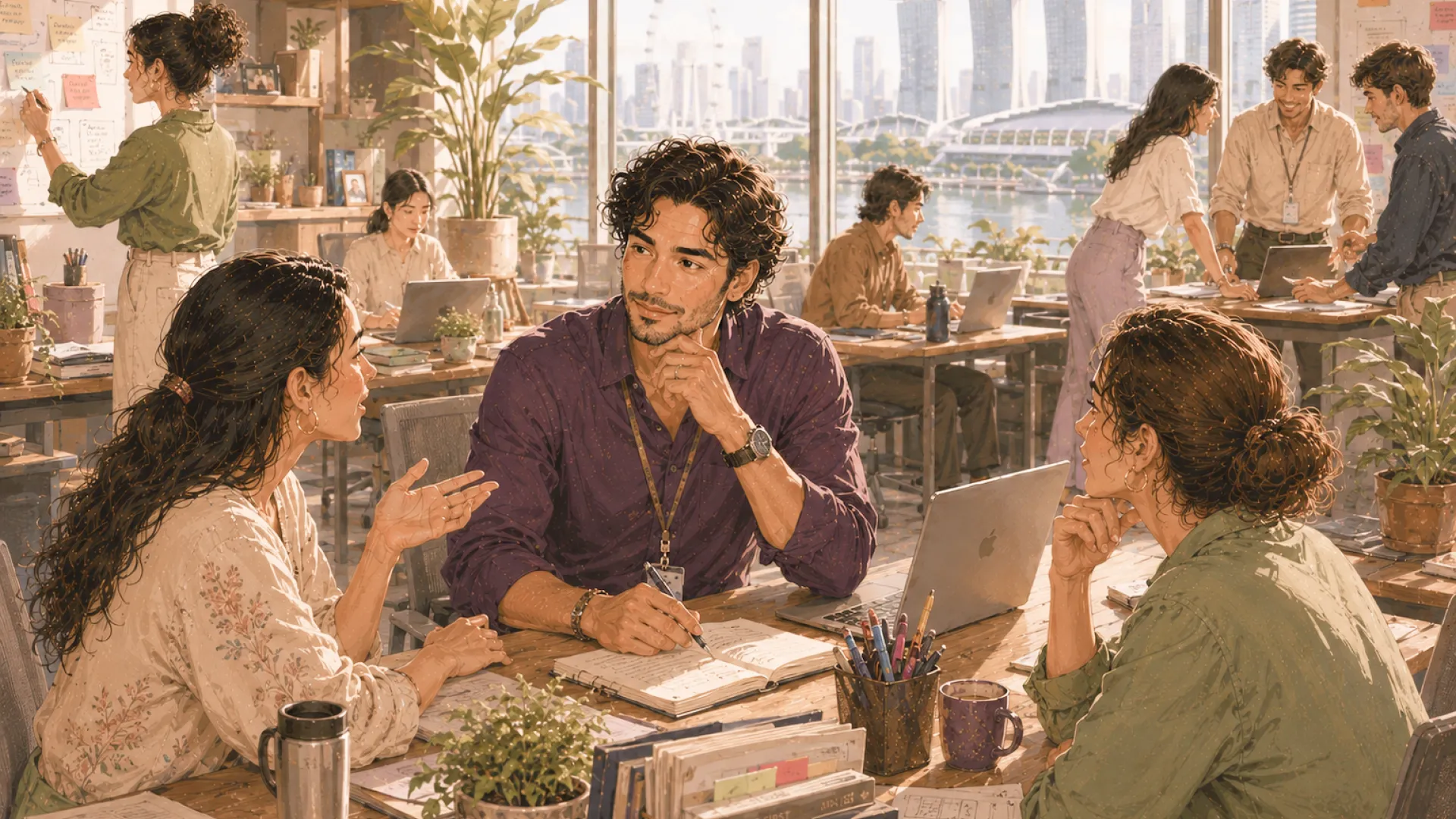 The Sage talking with two colleagues at a busy open-plan office table