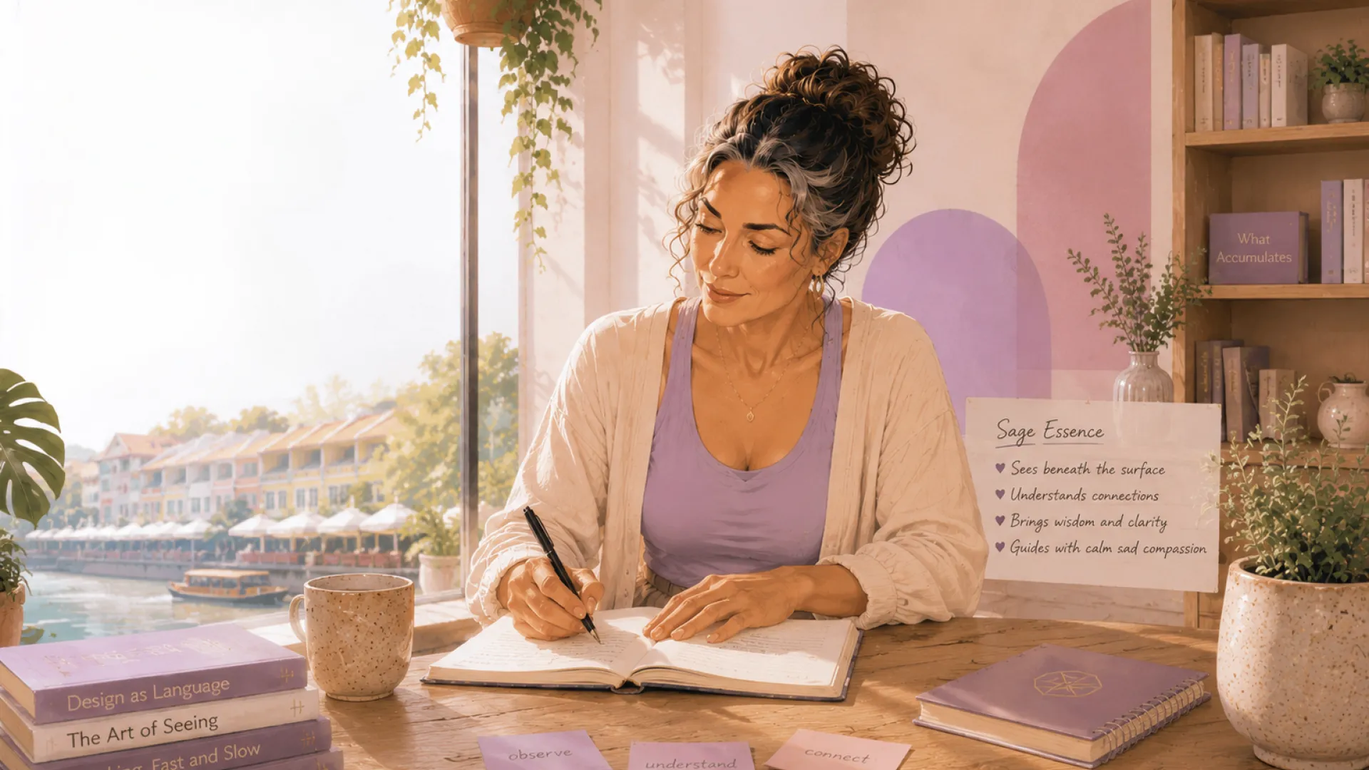 The Sage writing in a notebook at a sunlit desk by a window onto the water, with books, a mug and a row of word cards on the table
