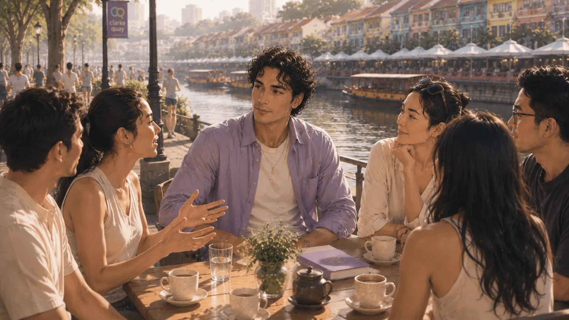The Sage listening at a waterfront café table while friends talk around them