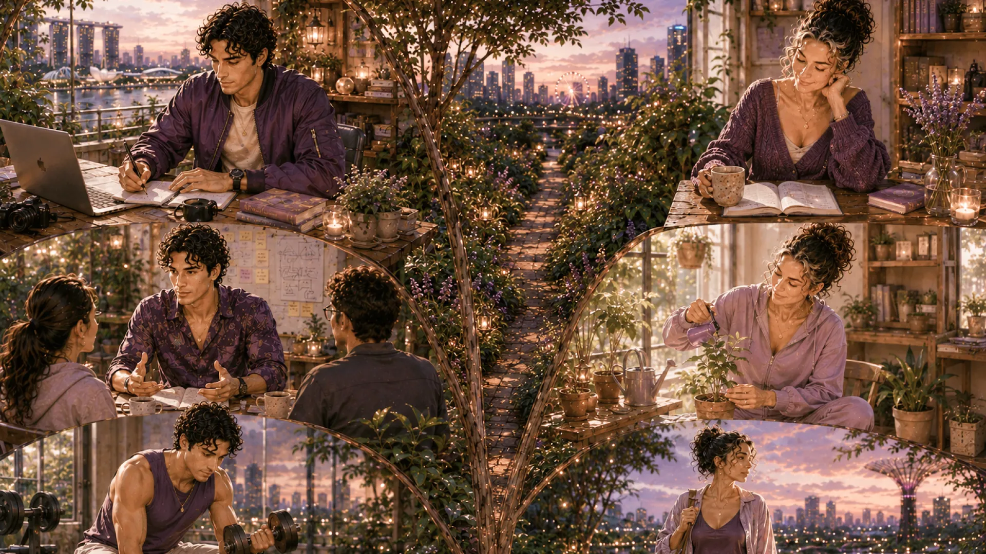 The Sage in six scenes around a garden path at dusk: writing at a laptop, talking across a table, lifting dumbbells, reading with a mug, tending a plant and walking out with a bag