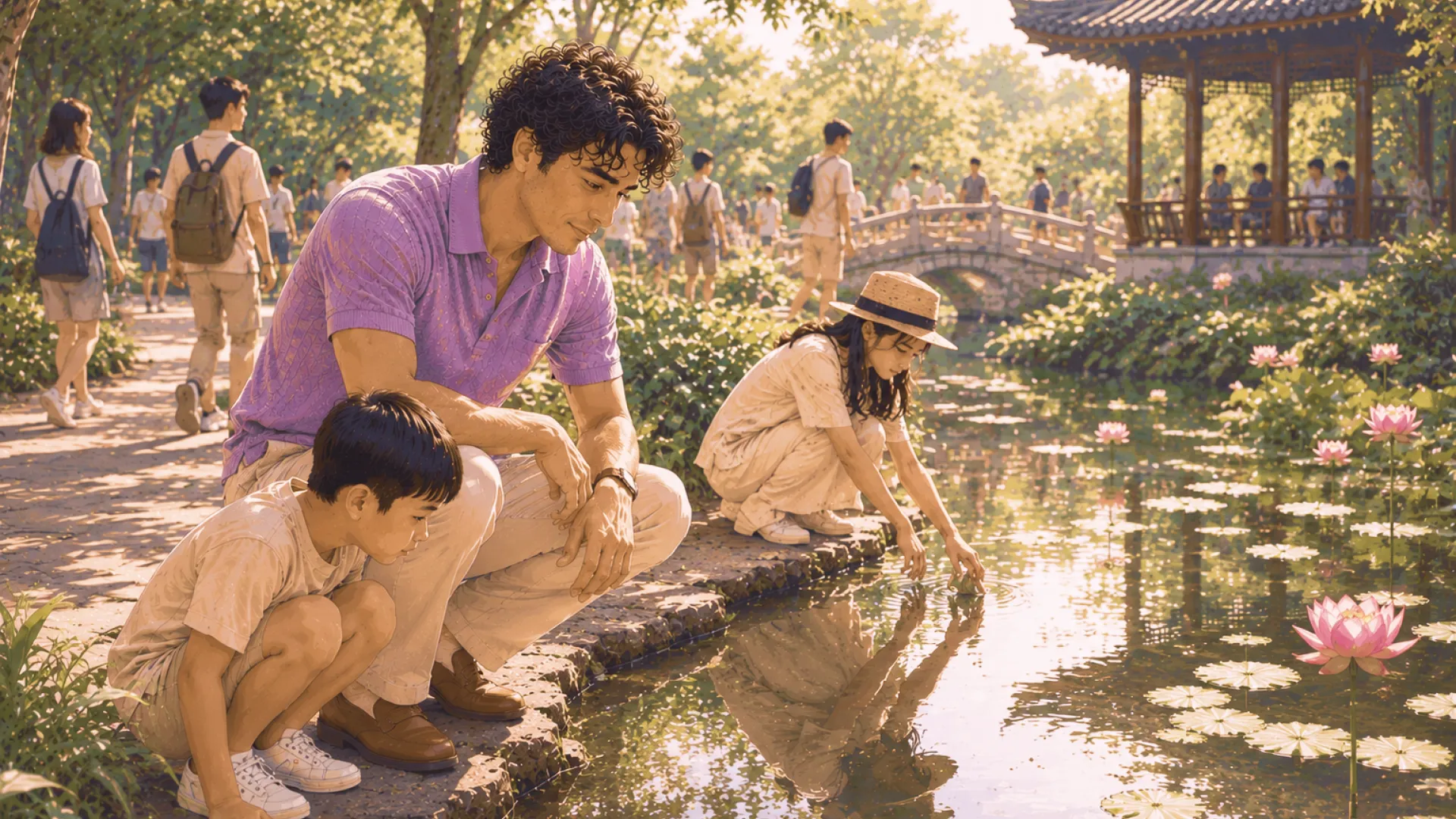 The Sage crouching with a child beside a lotus pond while a second child in a sun hat touches the water