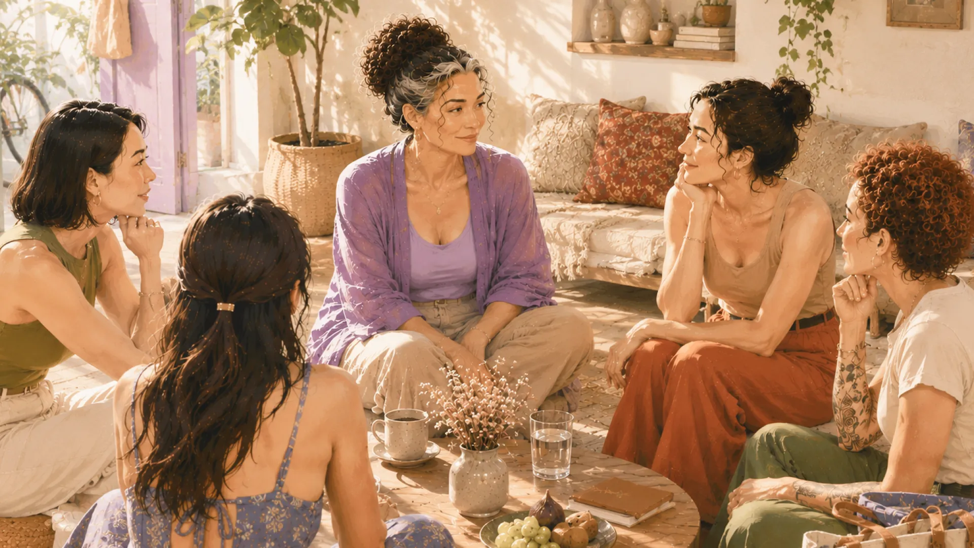 The Sage sitting in a circle of friends on floor cushions around a low table
