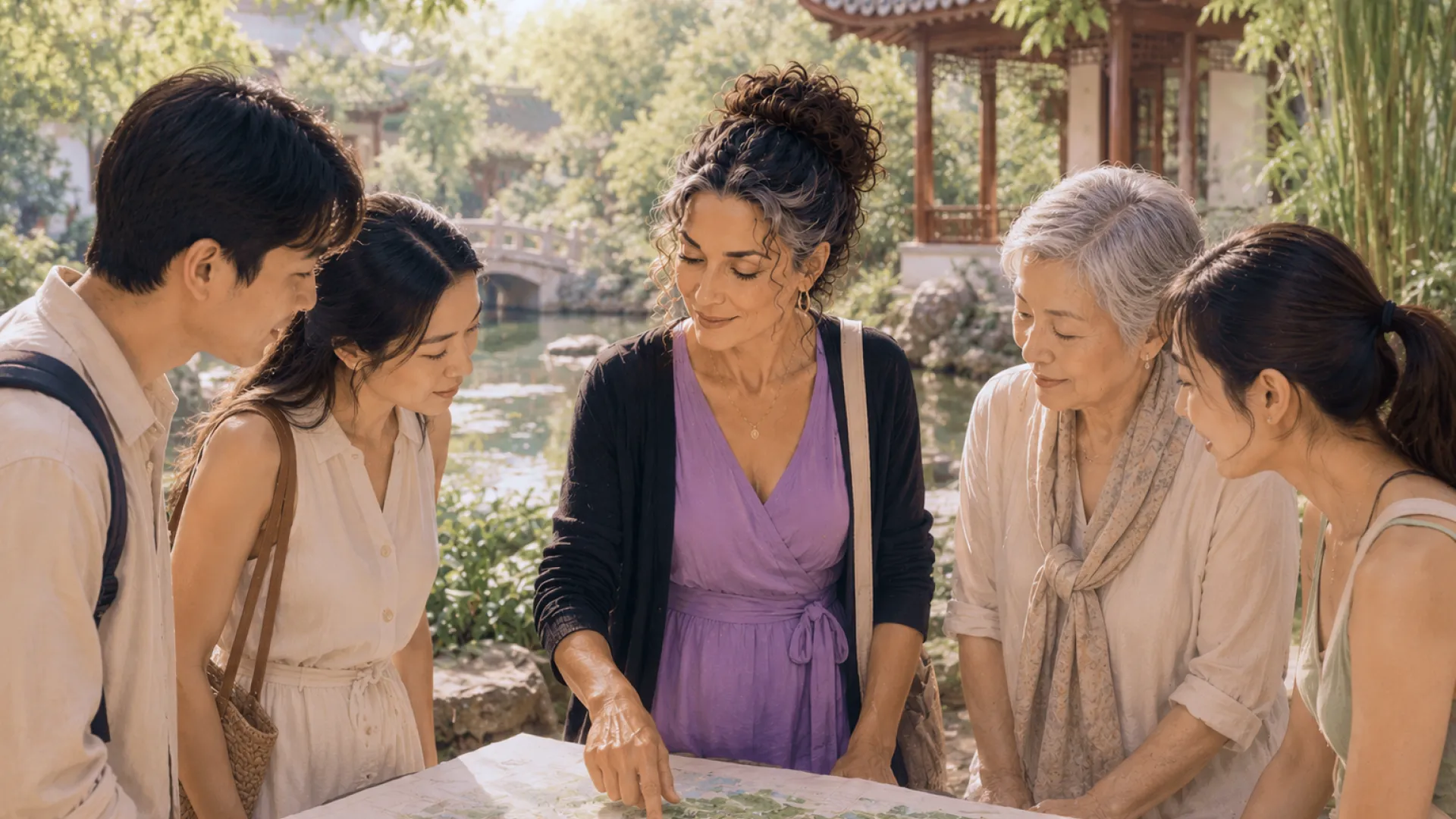 The Sage pointing to a map spread on a garden table while four people of different ages lean in