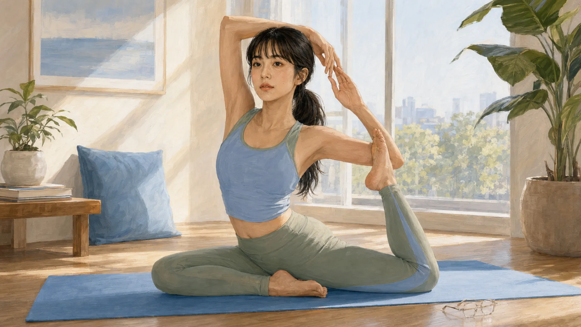 The Sentinel holding a seated stretch on a blue mat in a sunlit room, one foot raised behind and hooked into an elbow while the other arm reaches overhead to meet it