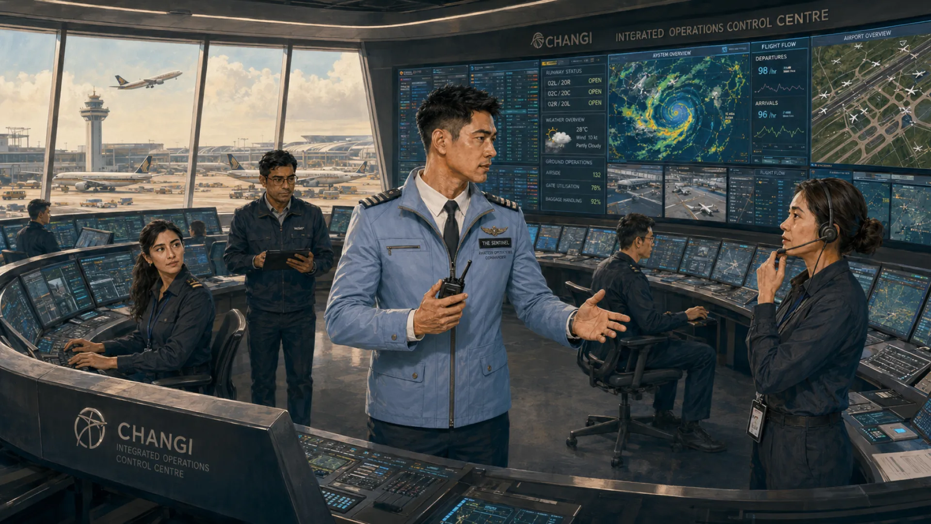 The Sentinel at the centre of an airport operations control centre, radio in hand, with runway status boards and a weather radar map filling the wall behind