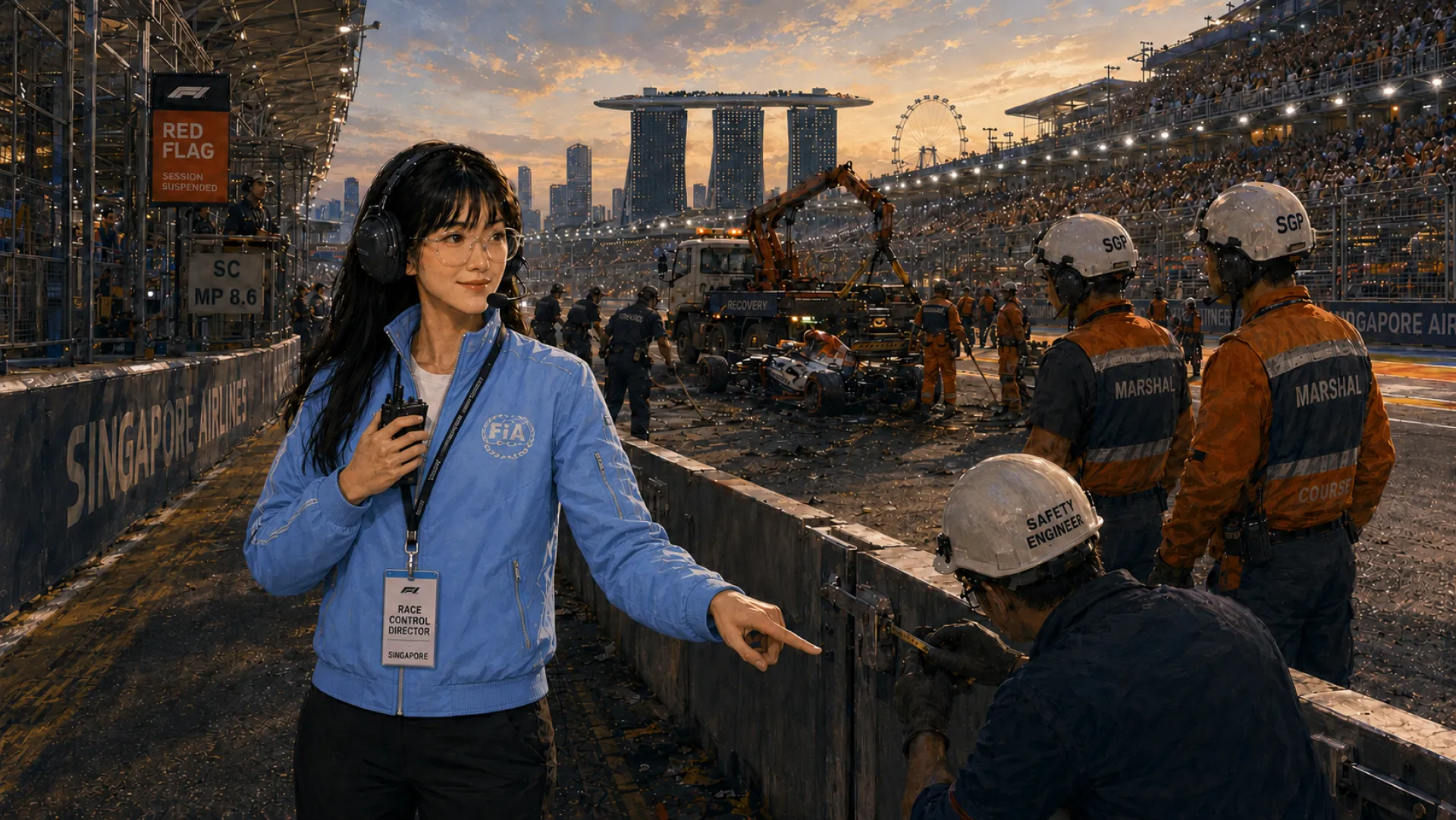 The Sentinel in a race control jacket at a street circuit at dusk, pointing out a barrier fixing to a safety engineer while marshals stand by and a recovery crane clears a wrecked car under a red flag board