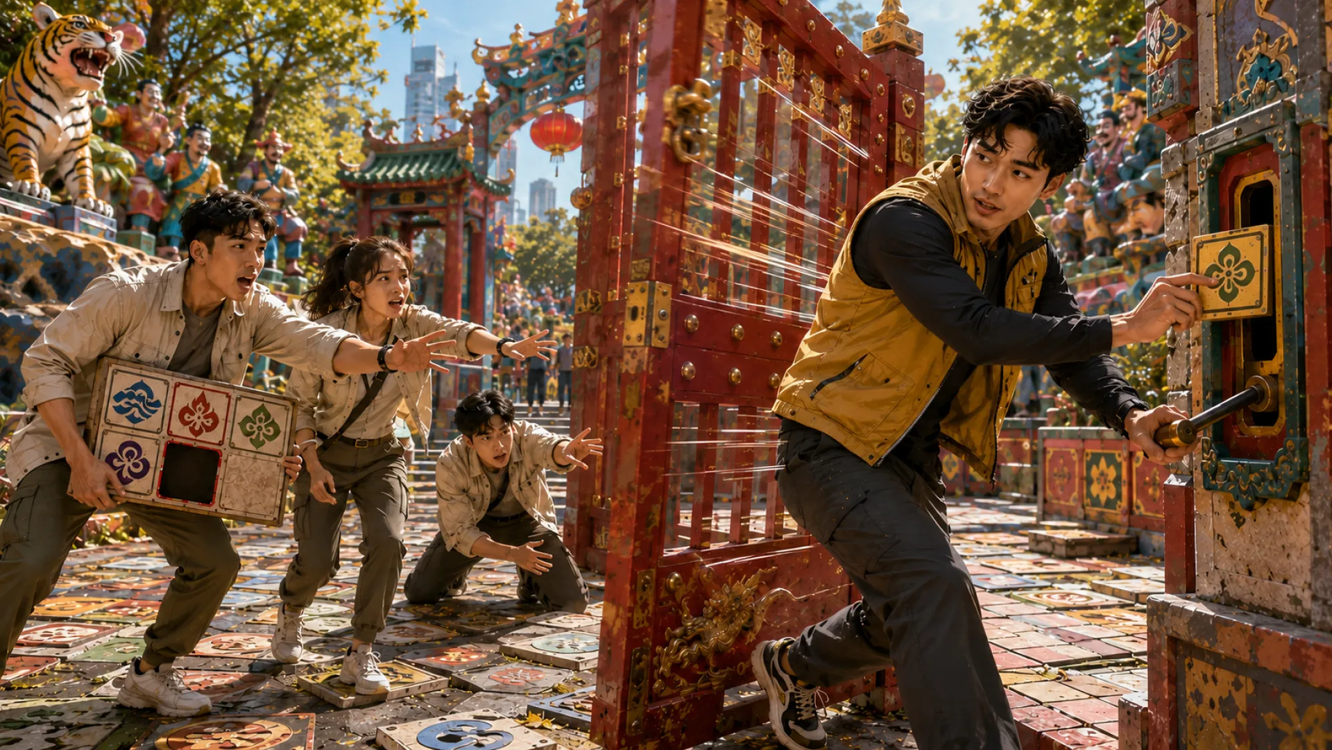 The Spark pressing a painted tile into a panel and pulling a handle beside a swinging red gate, while three teammates, one holding a matching tile board, shout and reach towards the Spark